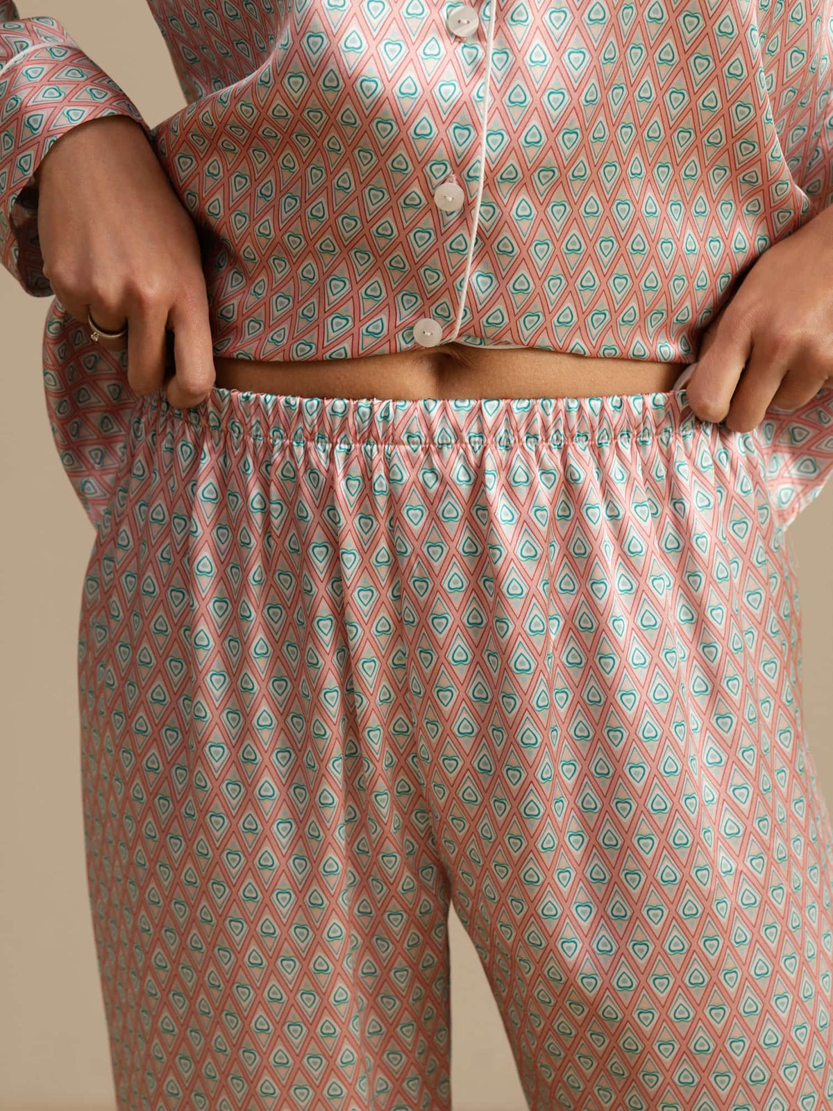 Conjunto De Pijama Para Mujer De Seda Pura Manga Larga Con Pantalón E Imprimé Geométrico