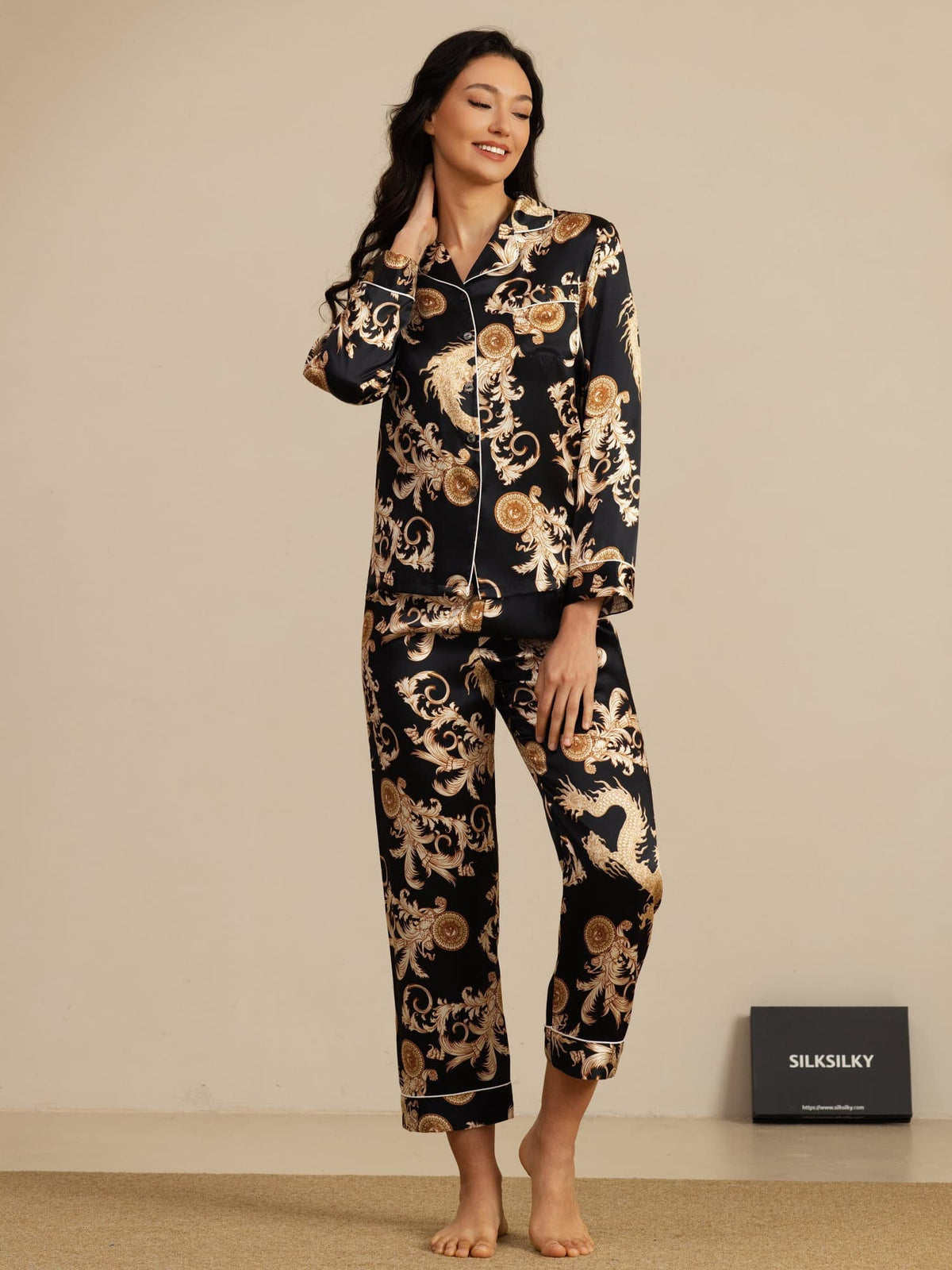 Pijama Mujer Seda Pura Manga Larga Cuello Notch Con Pantalón Estampado Dragón