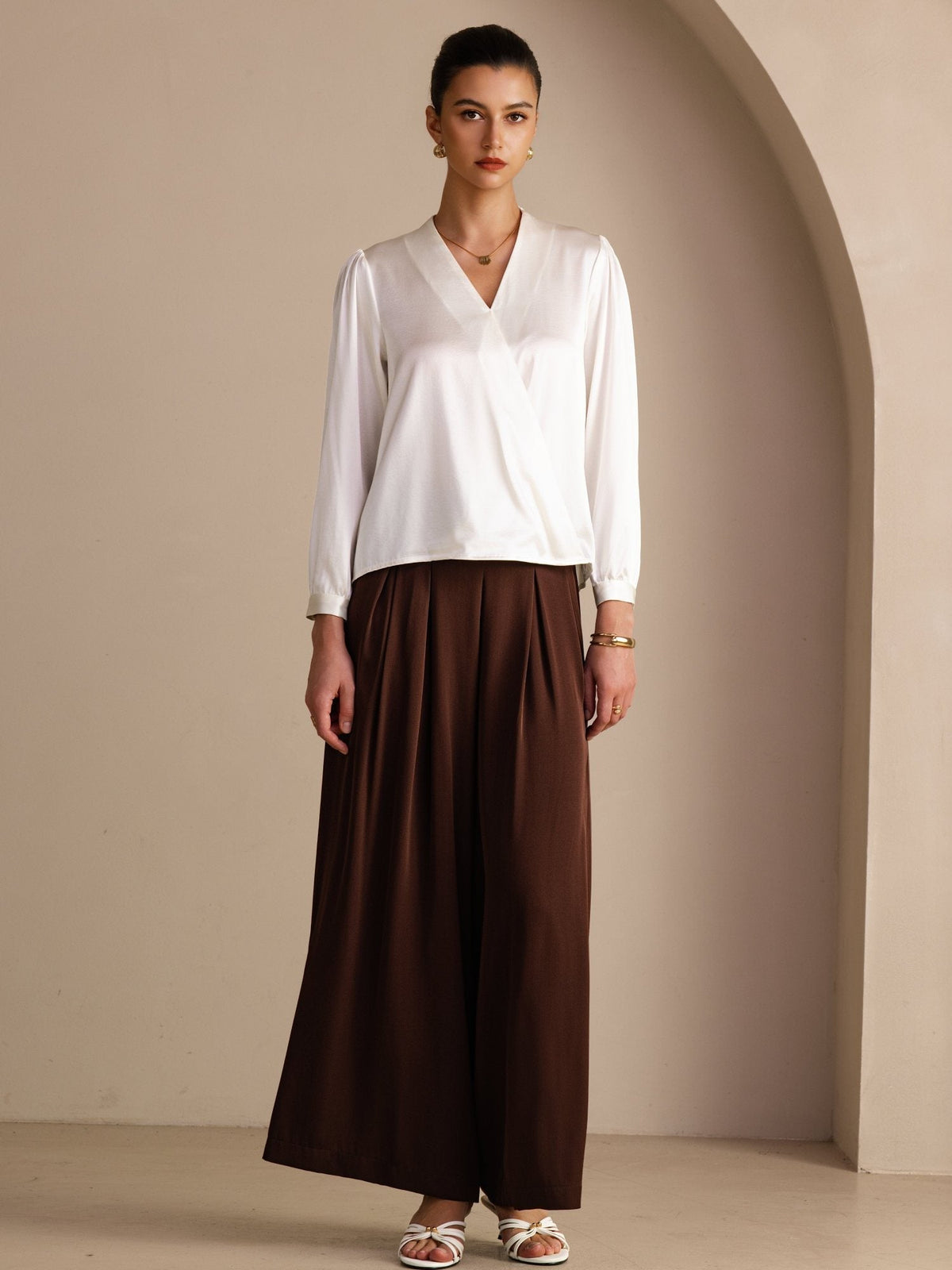 Blusa De Seda Mujer 19 Momme Con Escote Cruzado Y Manga Larga