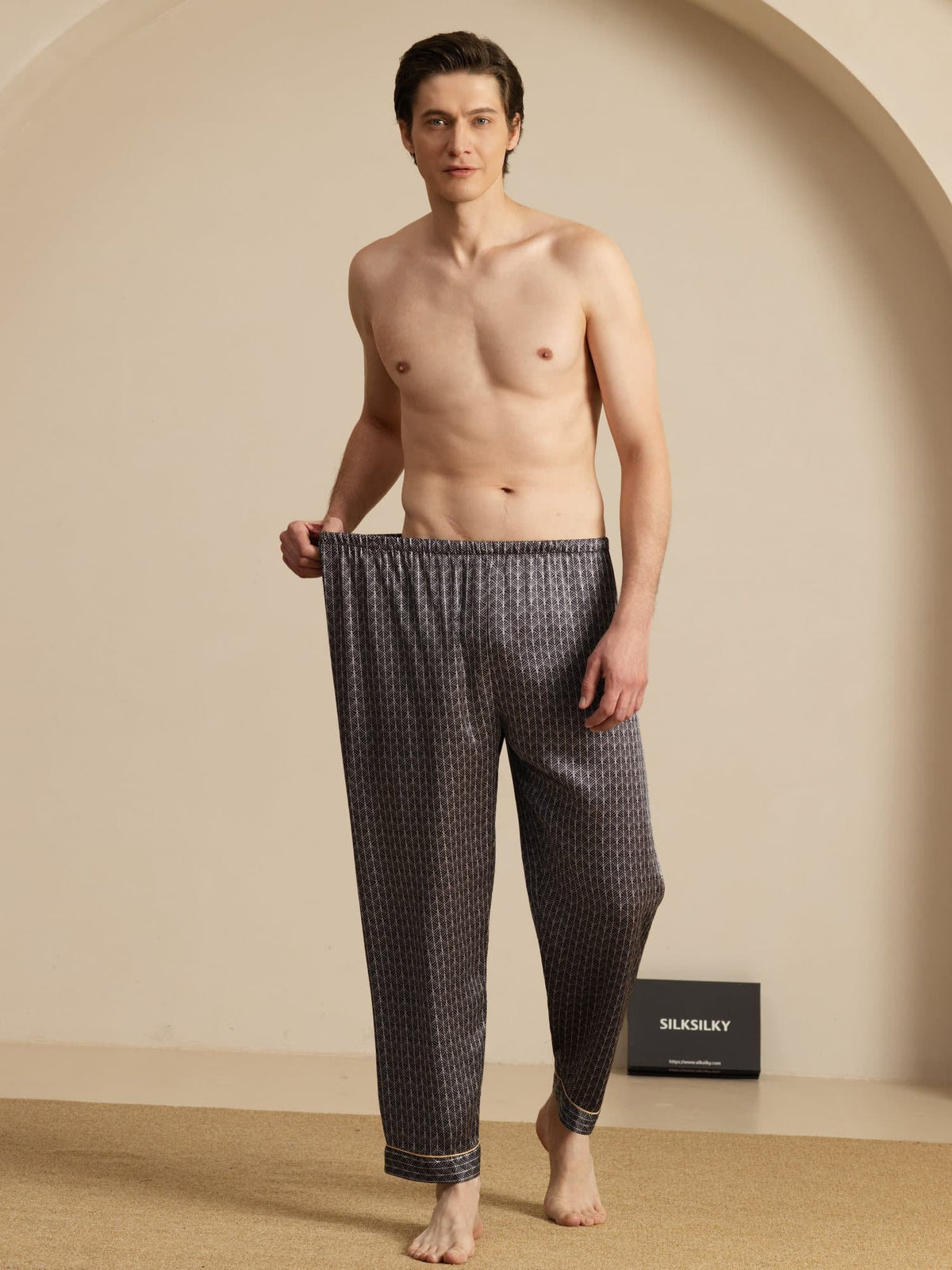 Pantalones De Dormir De Seda Pura Ginkgo Azul Marino Para Hombre Con Cintura Elástica