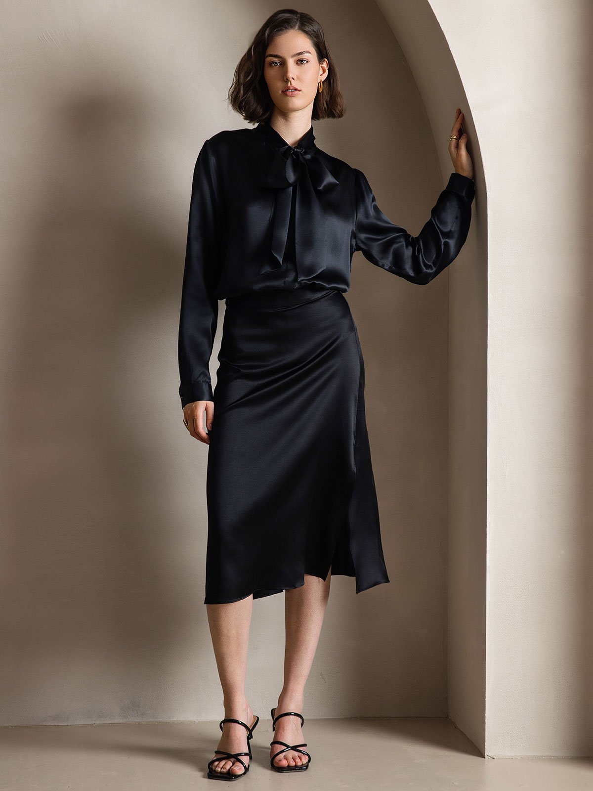 Mujer 19 Momme Camisa Elegante de Seda con Cuello Lazo y Manga Larga