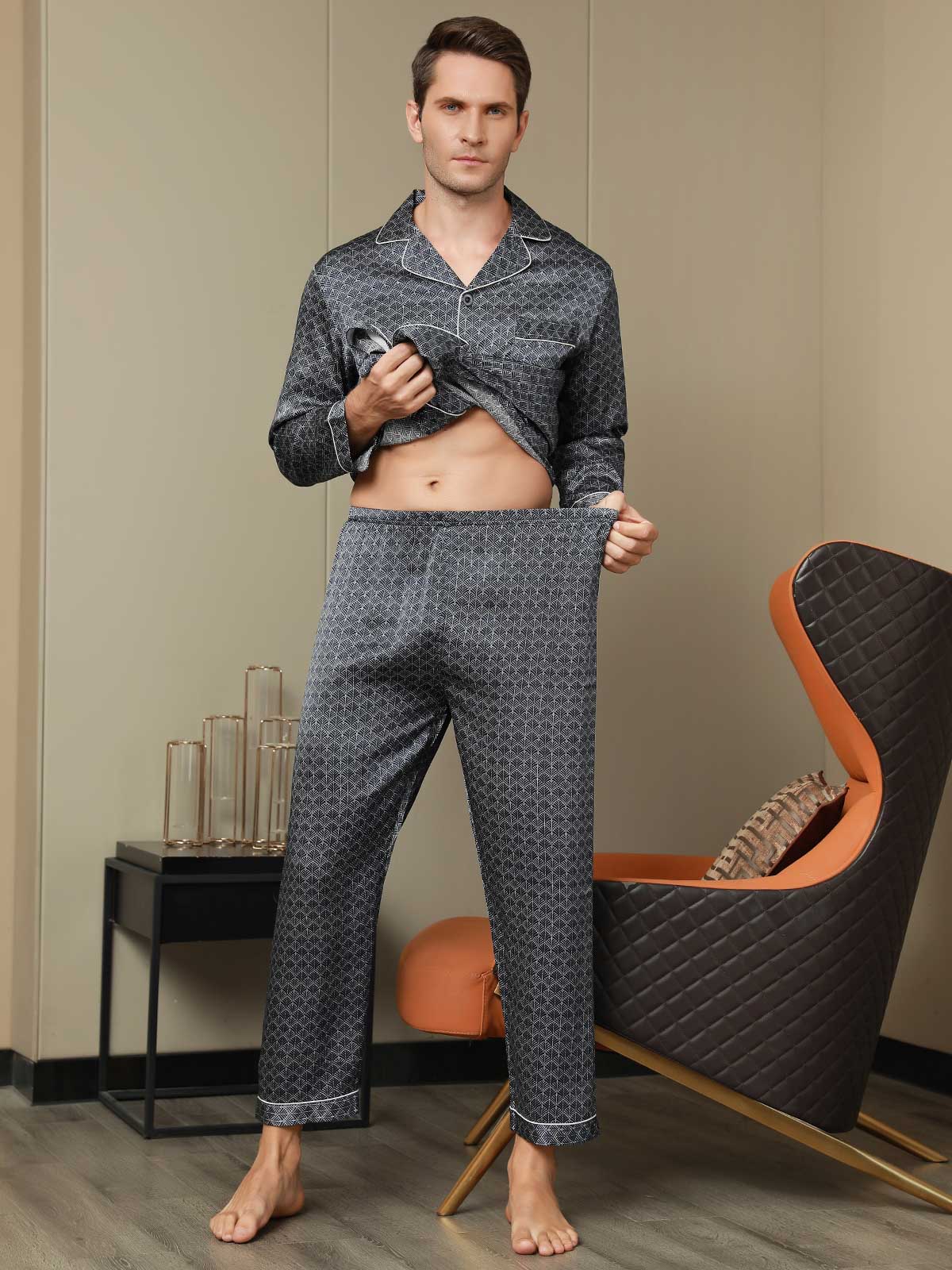 Conjunto De Pijama Para Hombre De Seda Pura Con Estampado De Ginkgo Azul Marino Manga Larga Y Pantalones