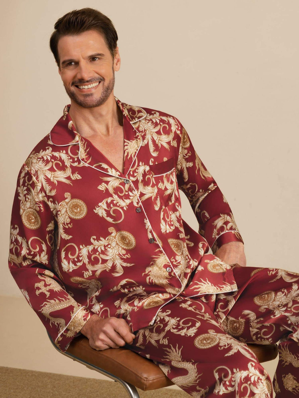 Pure Seda Hombre Estampado Dragón Manga Larga Cuello Notch Conjunto Pijama