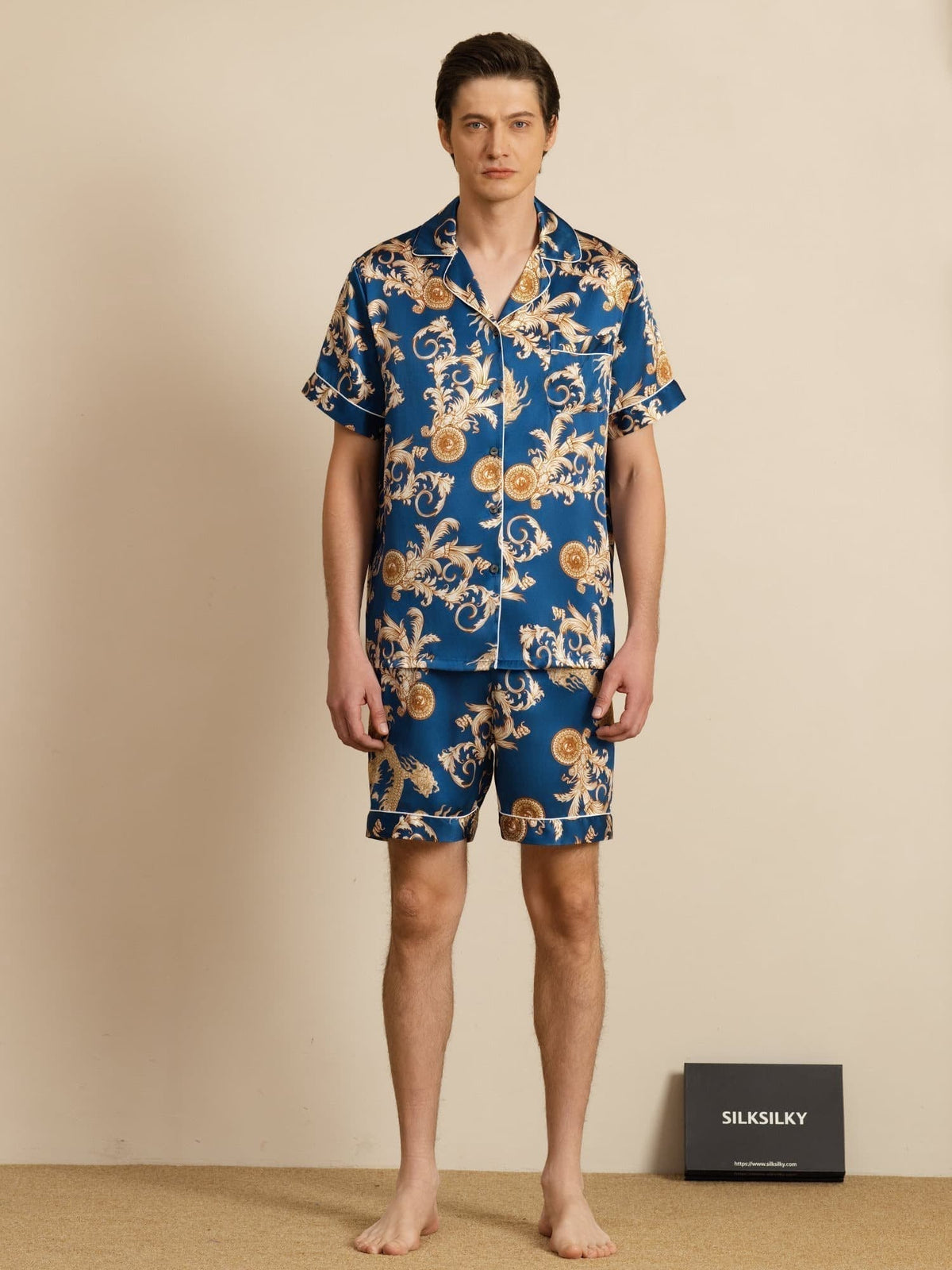 Pure Seda Hombre Estampado Dragón Manga Corta Cuello Notch Conjunto Pijama