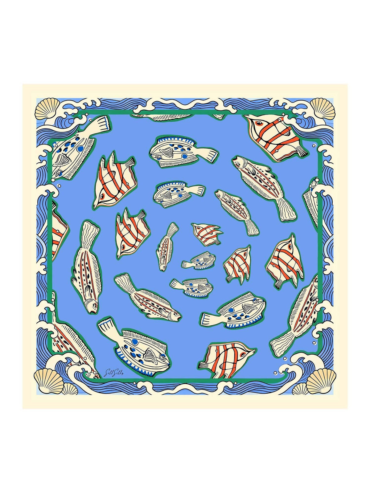 Pañuelo De Seda De Morera 100 Por Ciento Con Estampado De Peces Tamaño 90 X 90 cm