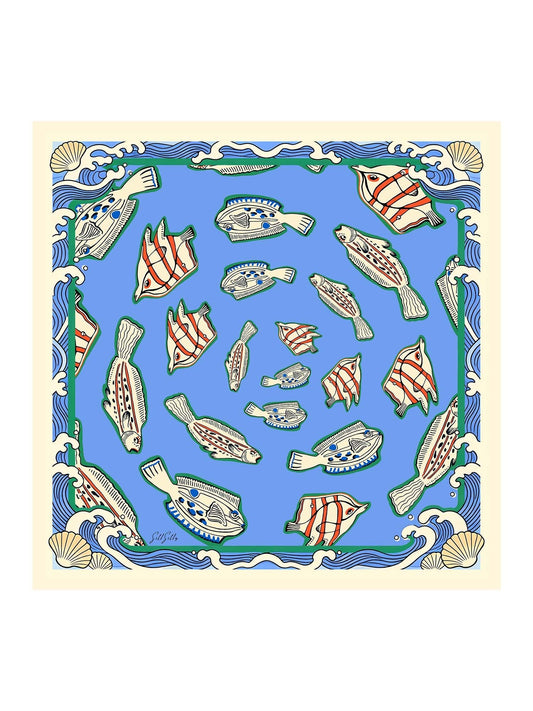Pañuelo De Seda De Morera 100 Por Ciento Con Estampado De Peces Tamaño 90 X 90 cm