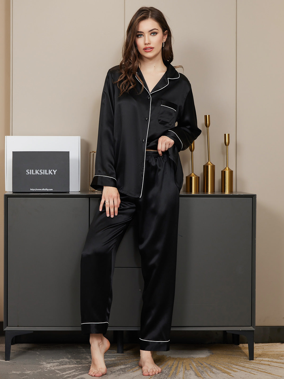Pijama Clásico De Seda 100% De Morera Para Mujer