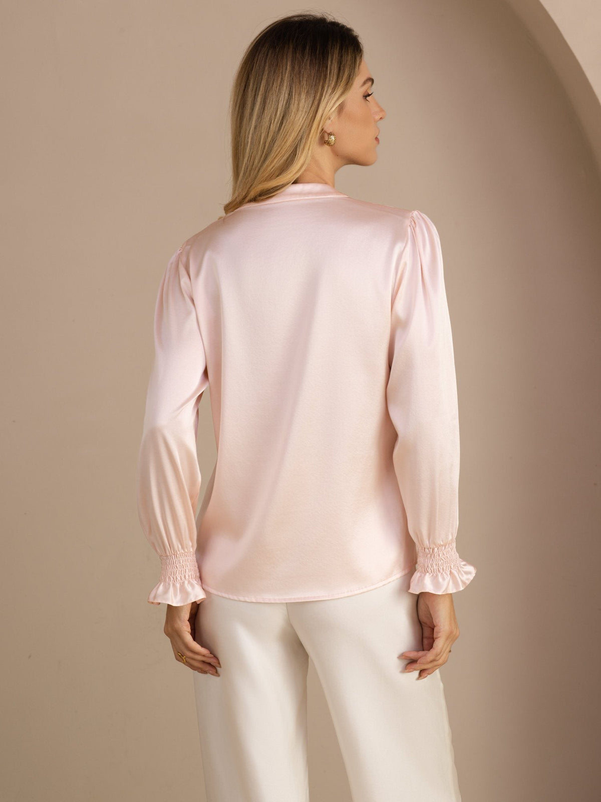 Blusa De Seda Mujer 19 Momme Con Escote Abierto Y Manga Larga