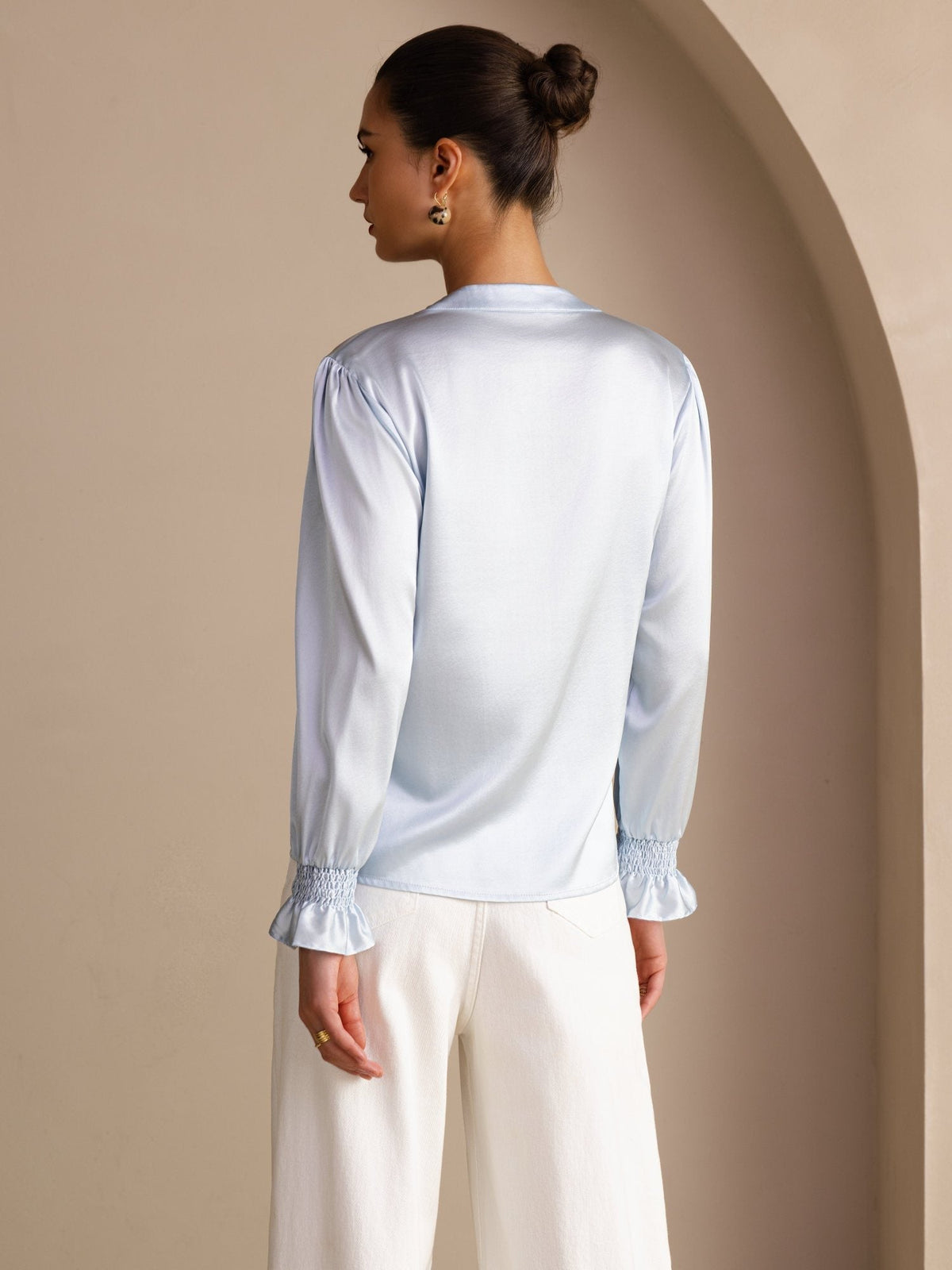 Blusa De Seda Mujer 19 Momme Con Escote Abierto Y Manga Larga