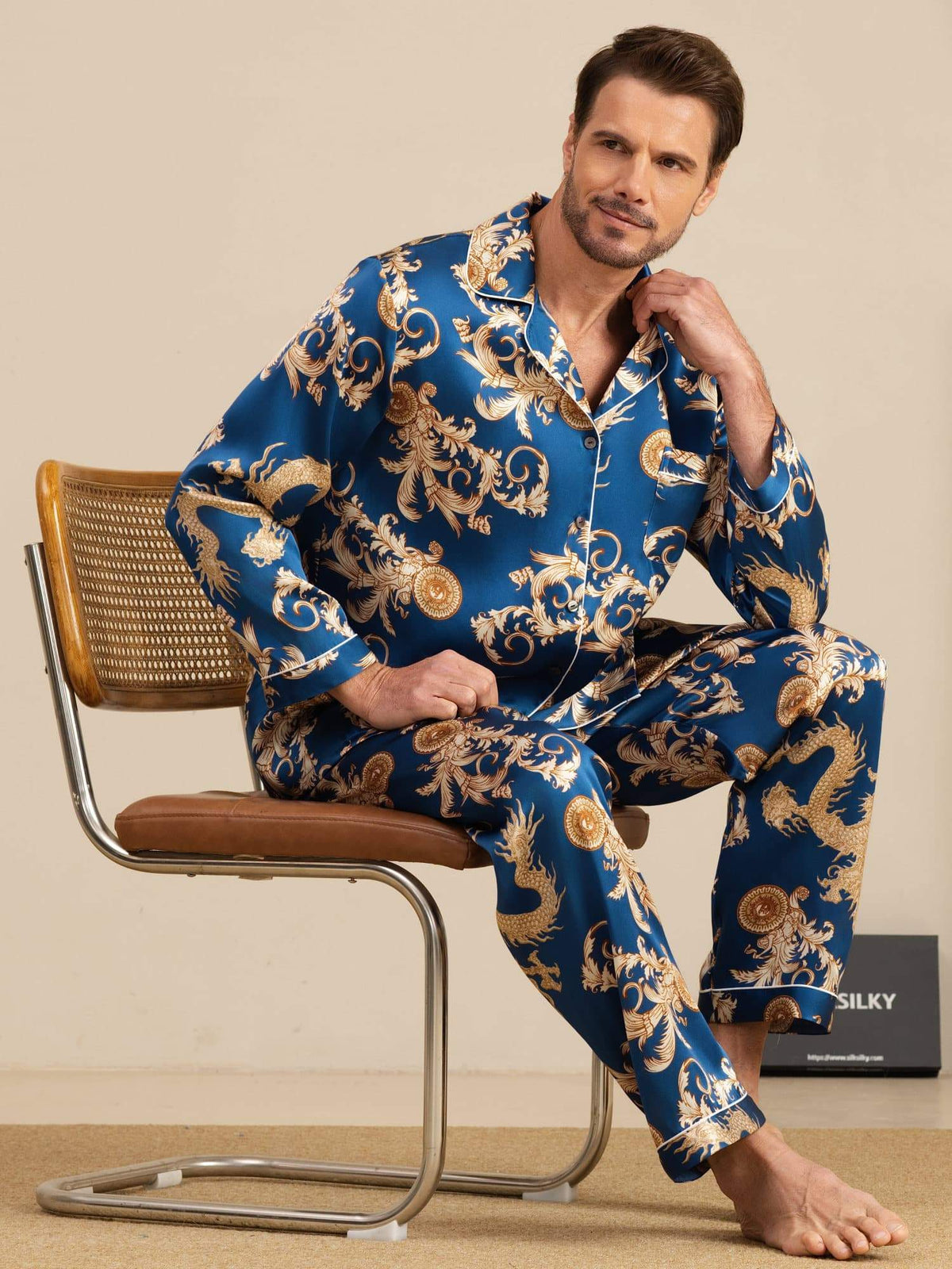 Pure Seda Hombre Estampado Dragón Manga Larga Cuello Notch Conjunto Pijama
