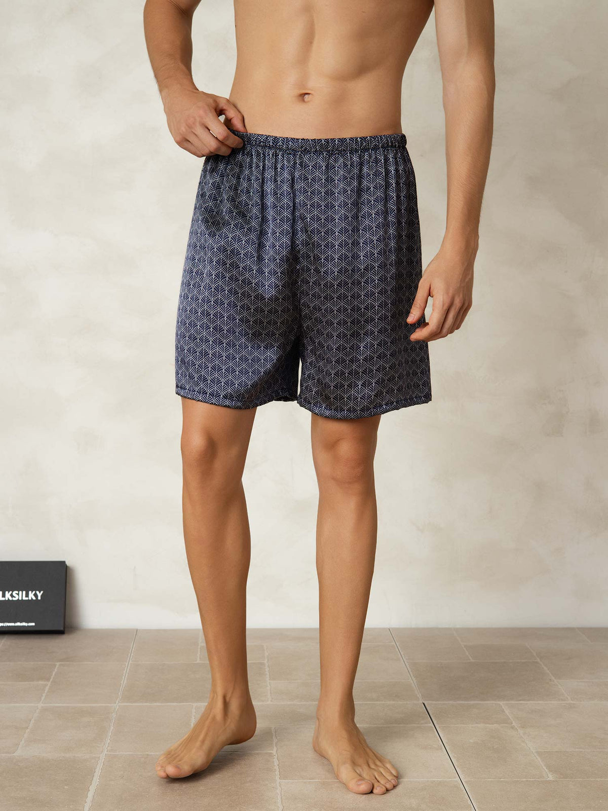 Pantalones Cortos De Dormir Para Hombre Pure Silk Ginkgo Azul Marino Estampado Cintura Elástica