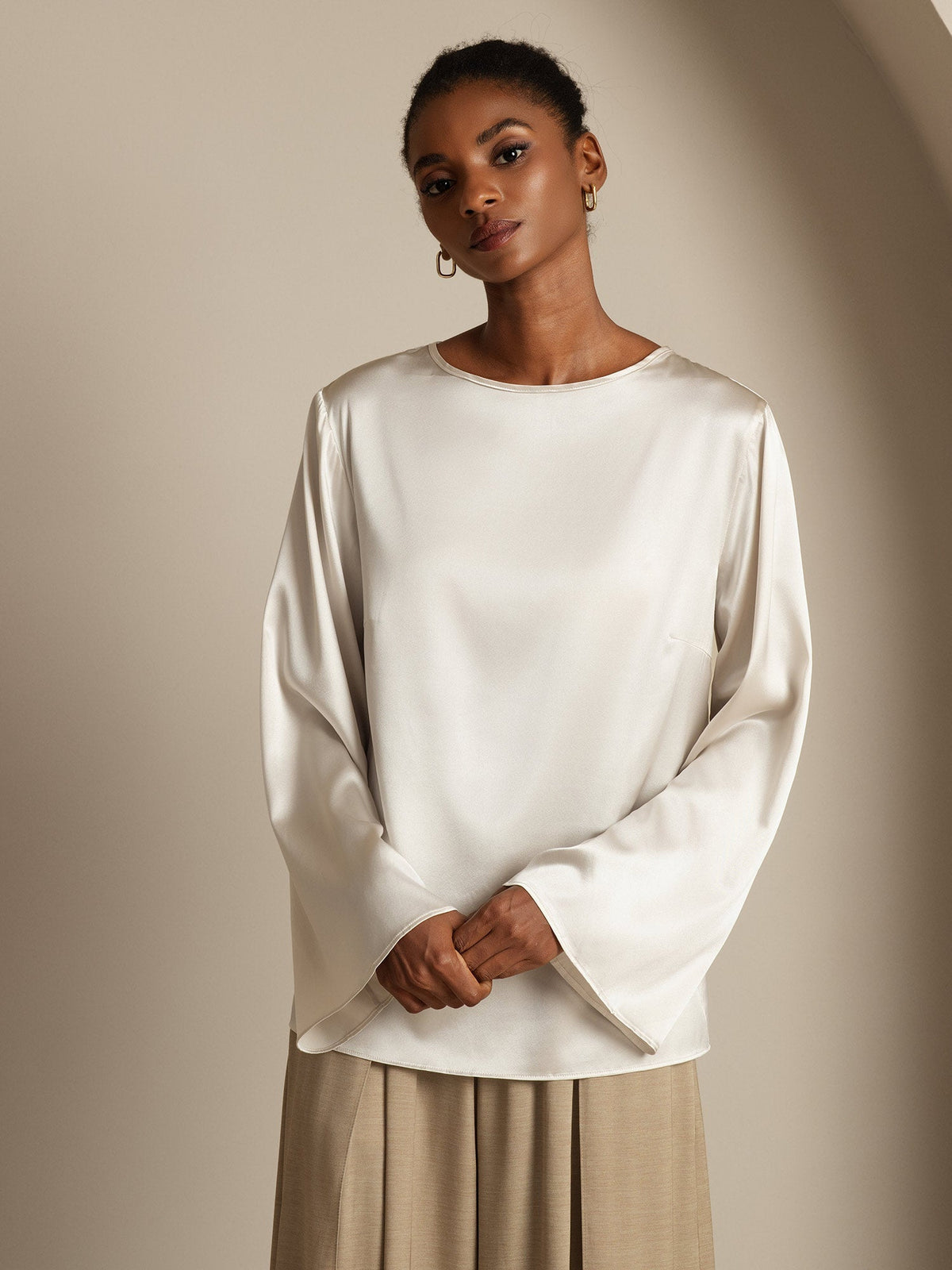 19Momme Seda Relajada Manga Larga Blusa