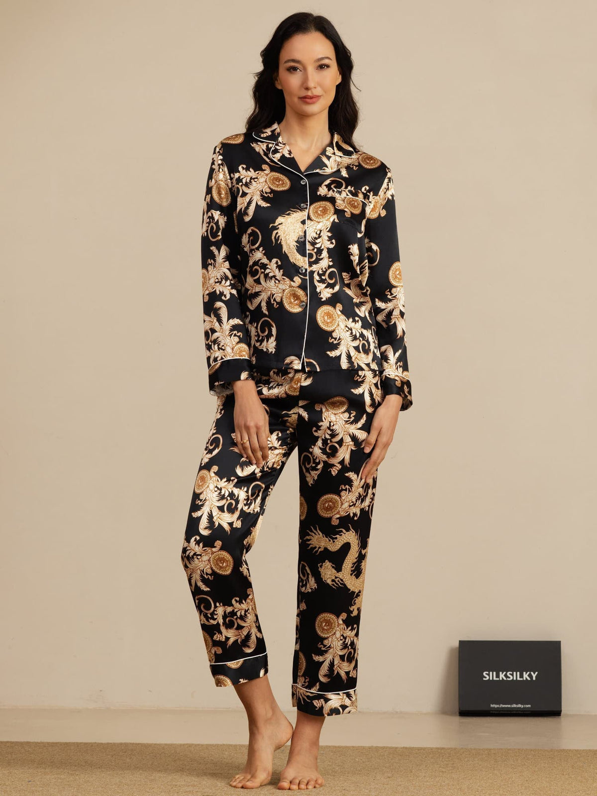 Pijama Mujer Seda Pura Manga Larga Cuello Notch Con Pantalón Estampado Dragón