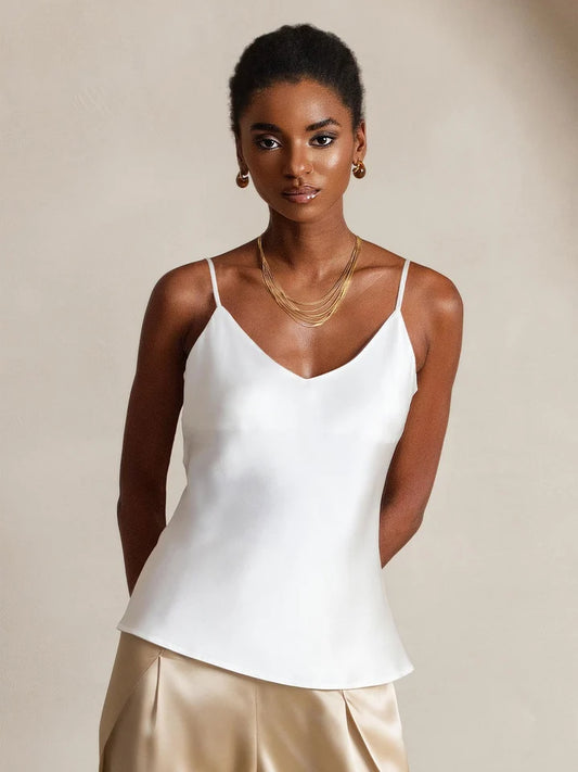 Top de Camisola Aurora Cruz con Cuello en V y Tirantes Finos de 100% Seda de Mora