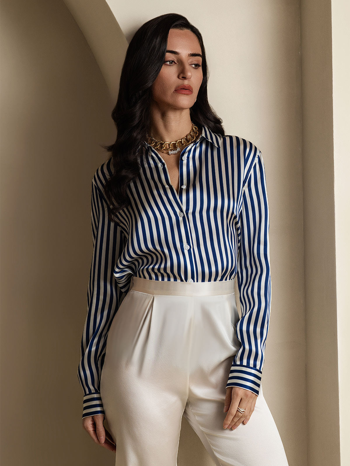Camisa De Mujer De Seda 19 Momme Con Estampado De Rayas Y Cuello De Solapa