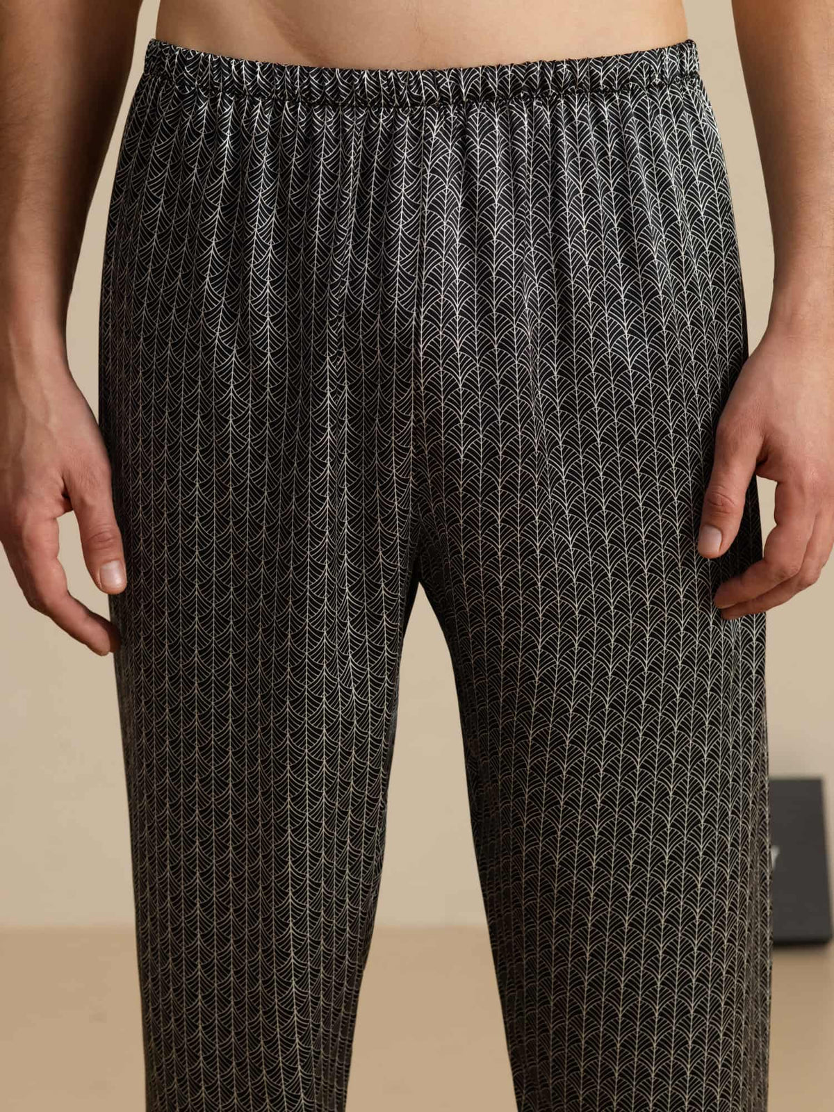 Pantalones De Dormir De Seda Pura Ginkgo Azul Marino Para Hombre Con Cintura Elástica