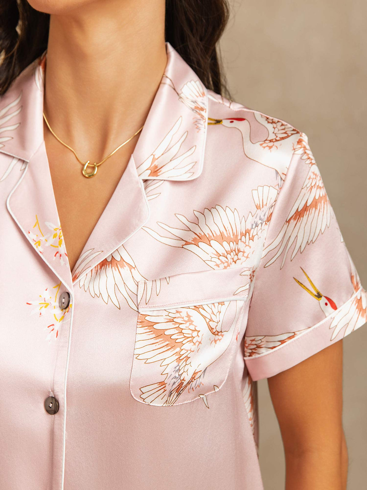 Conjunto De Pijama Para Mujer En Seda Pura 19Momme Manga Corta Cuello Notch Con Estampado De Grulla