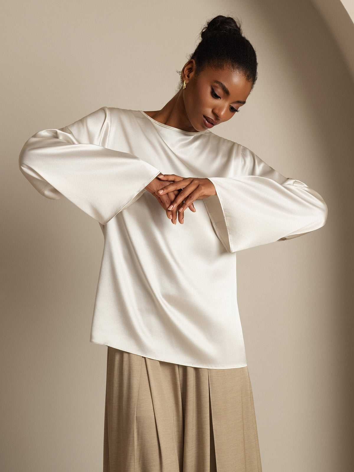 19Momme Seda Relajada Manga Larga Blusa