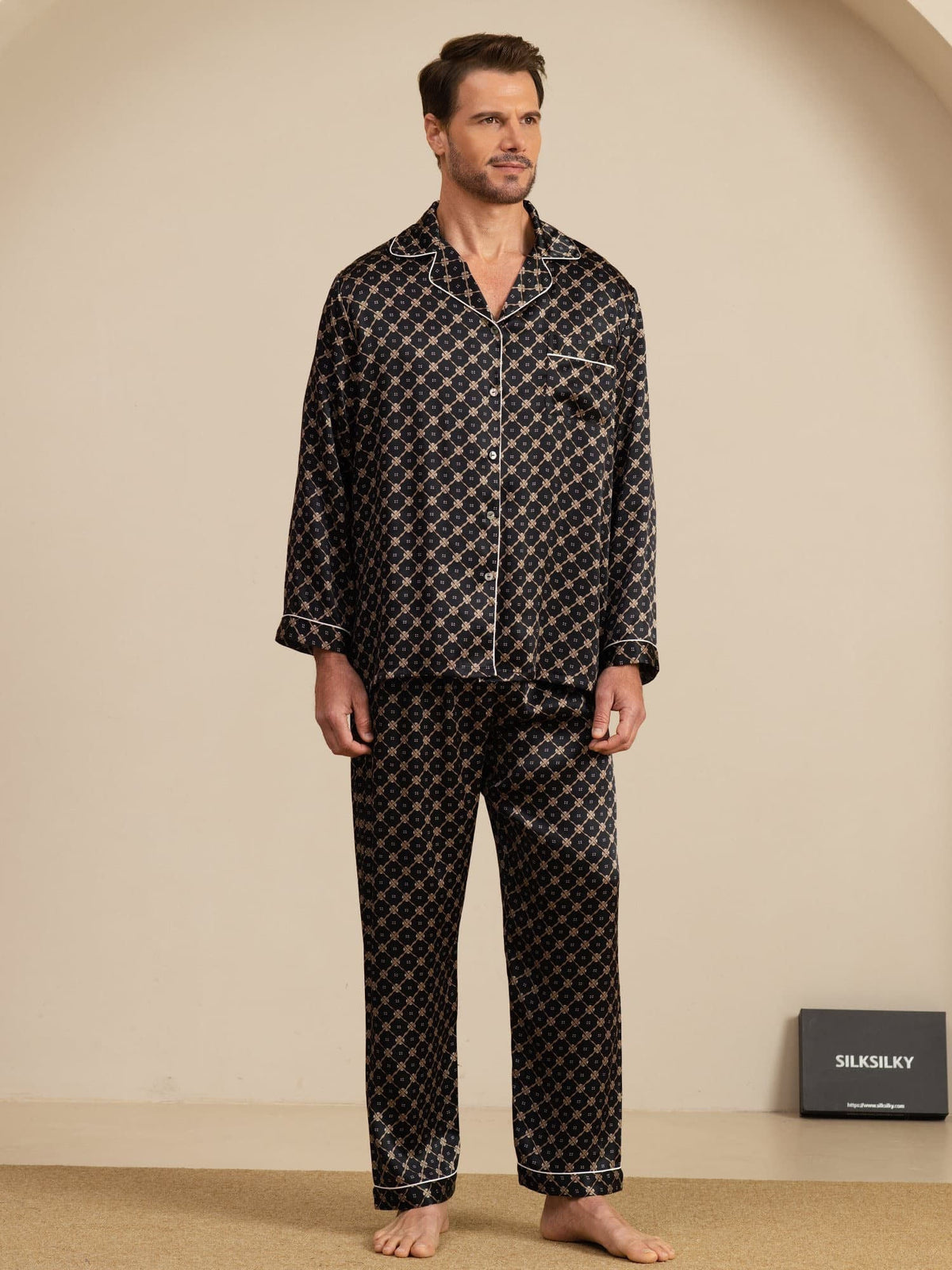Conjunto De Pijama De Hombre De Seda Pura Con Estampado De Cadena Azul Marino Manga Larga Con Pantalón