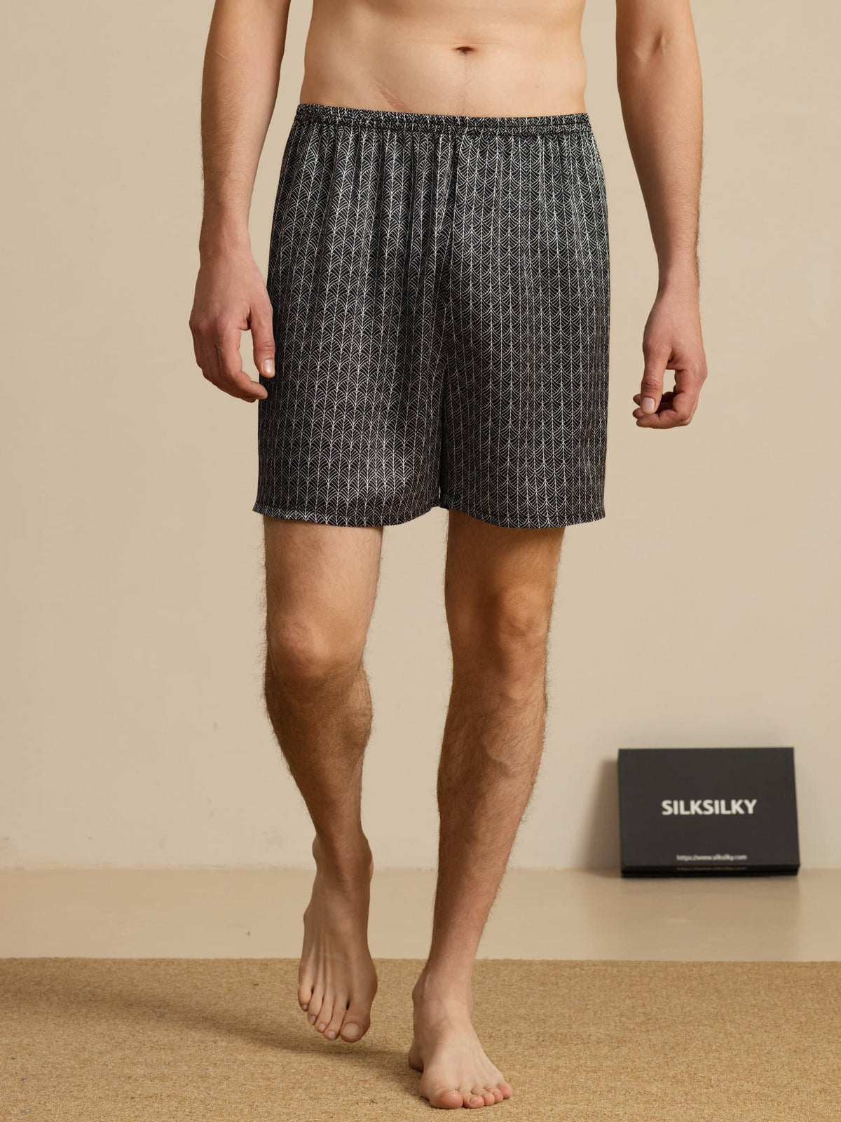 Pantalones Cortos De Dormir Para Hombre Pure Silk Ginkgo Azul Marino Estampado Cintura Elástica