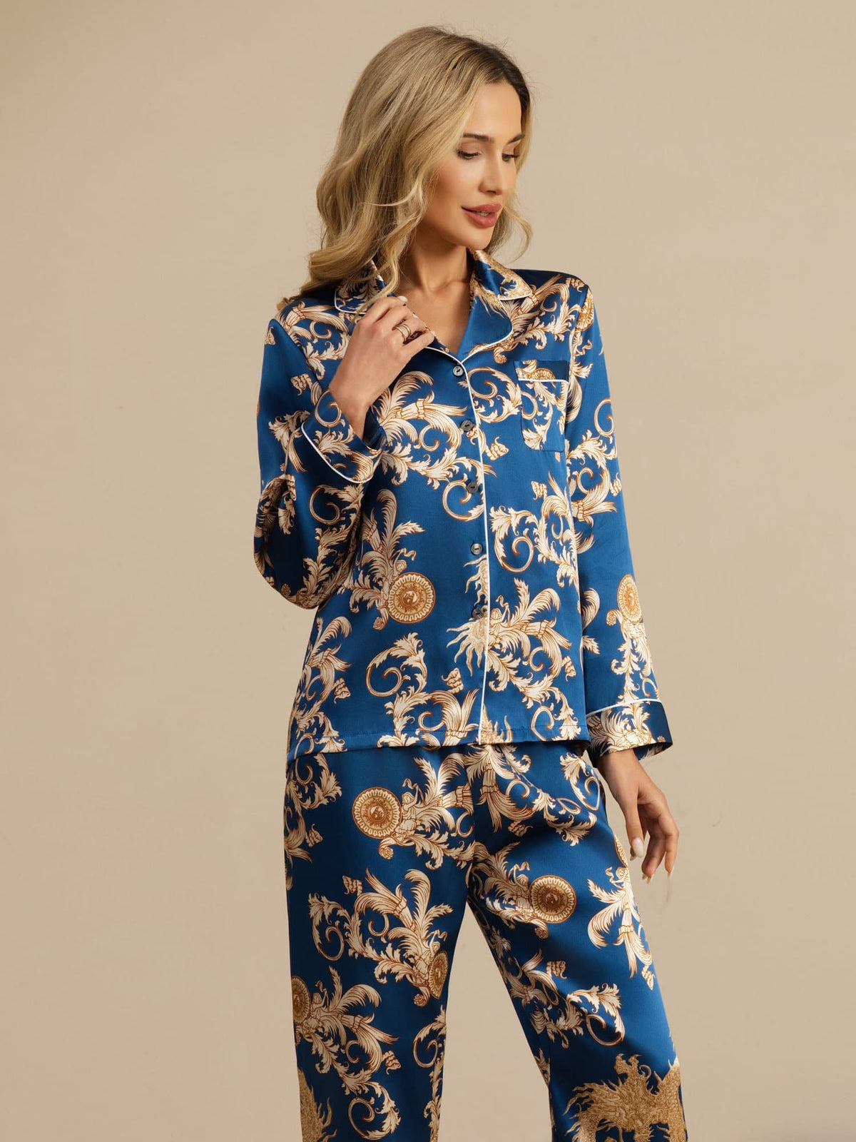 Pijama Mujer Seda Pura Manga Larga Cuello Notch Con Pantalón Estampado Dragón