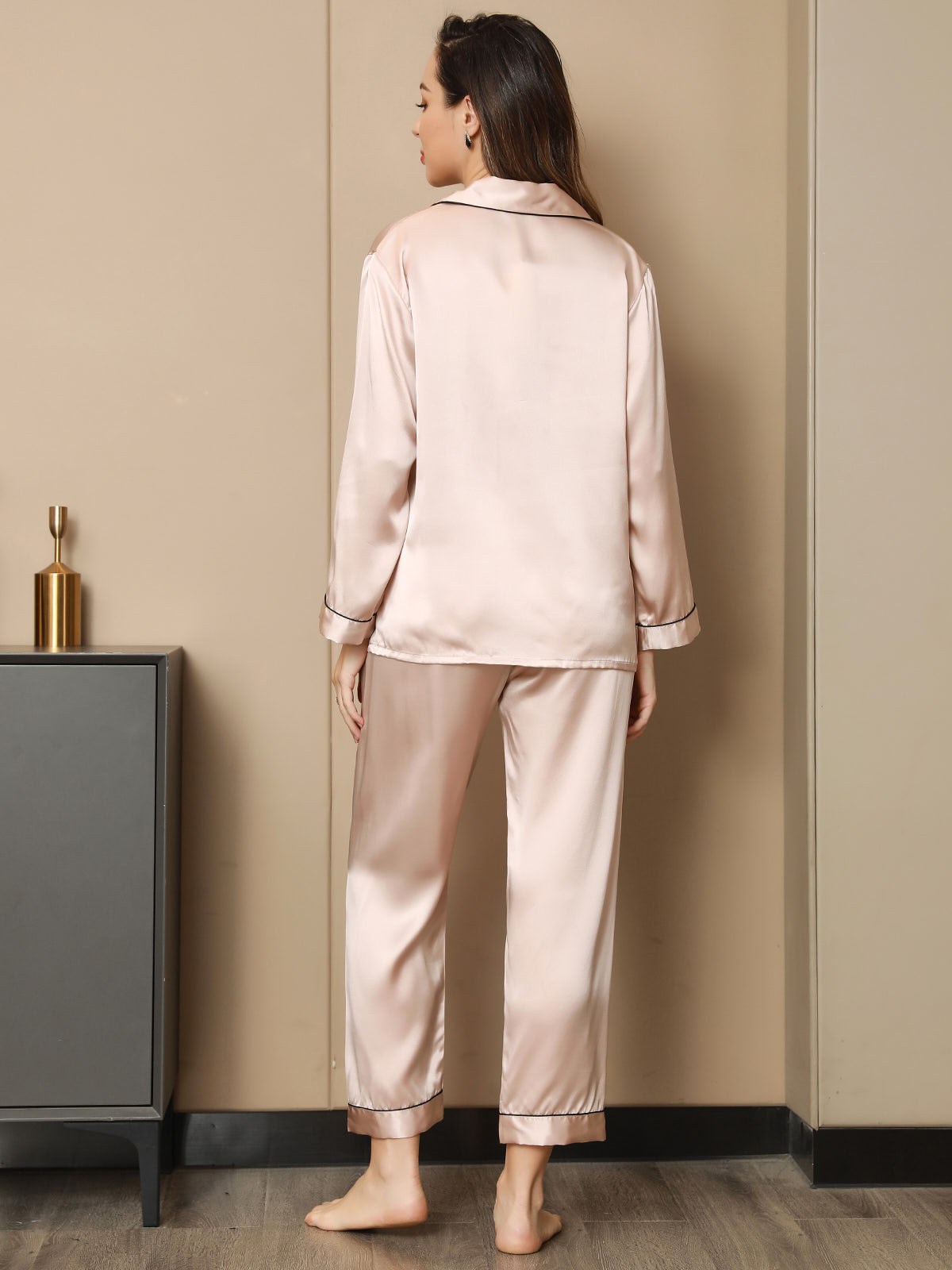Conjunto De Pijamas De Seda Pura Con Cuello Con Muesca Y Botones