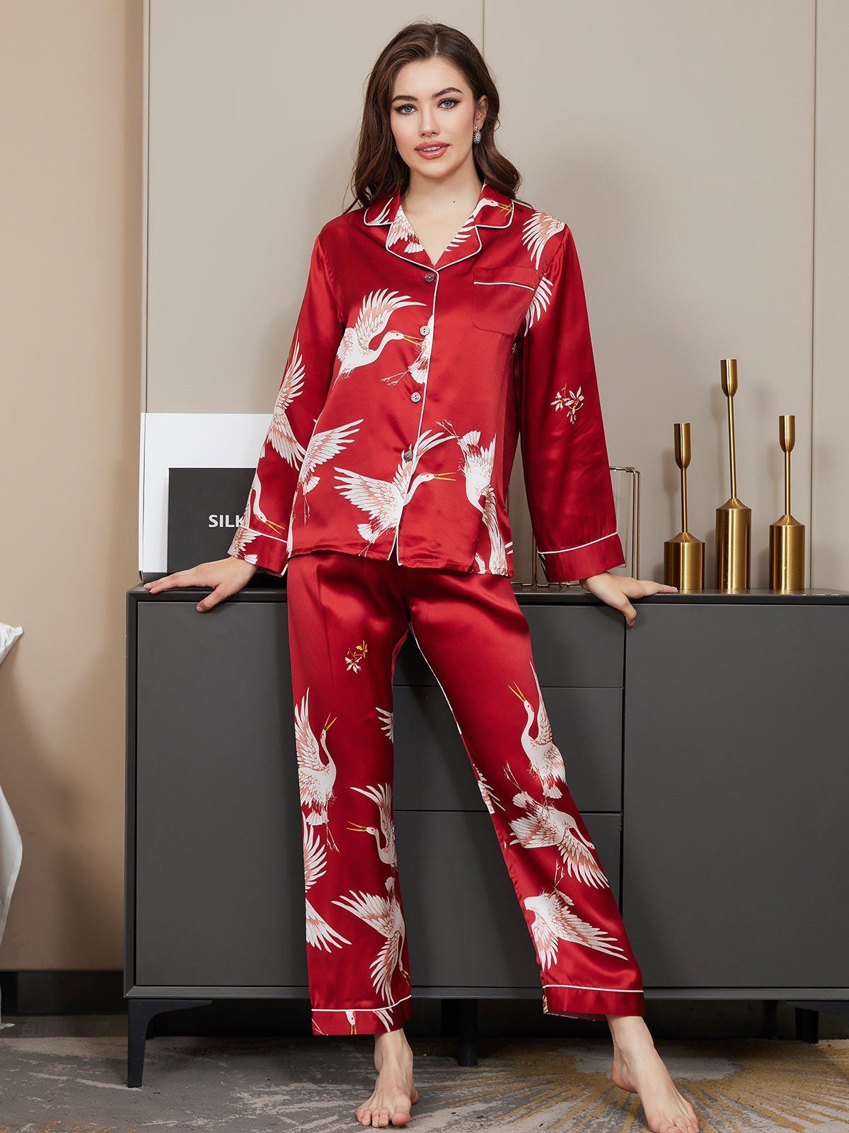 Pijama De Mujer De Seda Pura 19Momme Con Estampado De Grulla Y Manga Larga