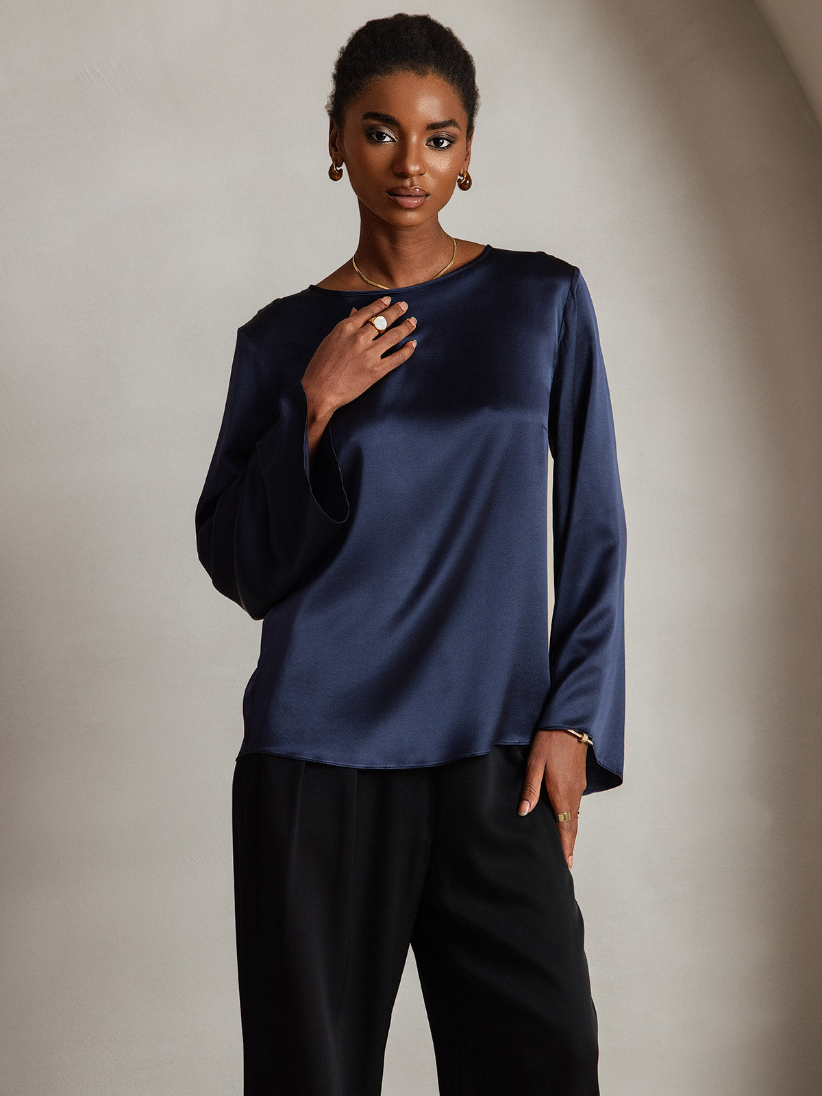 19Momme Seda Relajada Manga Larga Blusa