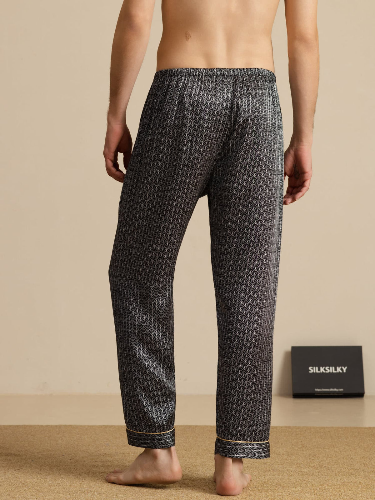Pantalones De Dormir De Seda Pura Ginkgo Azul Marino Para Hombre Con Cintura Elástica