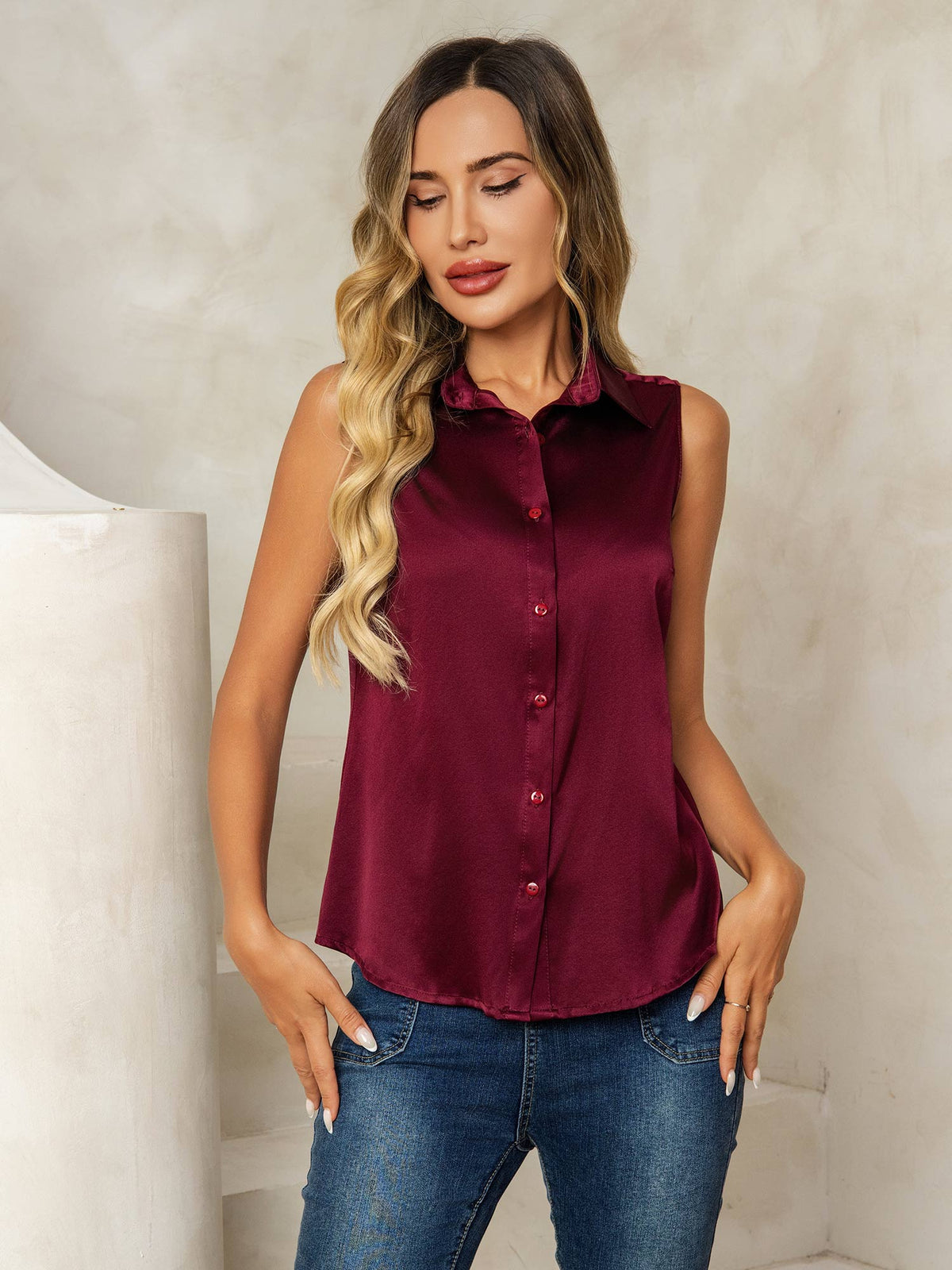 19 Momme Seda Sin Mangas Cuello Clásico Camisa