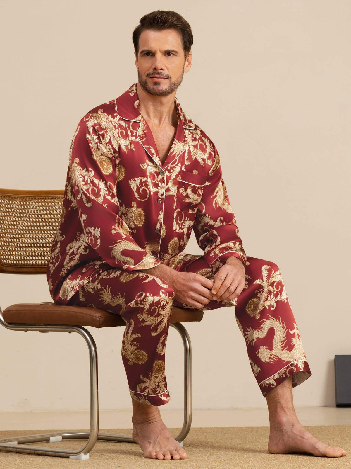 Pure Seda Hombre Estampado Dragón Manga Larga Cuello Notch Conjunto Pijama