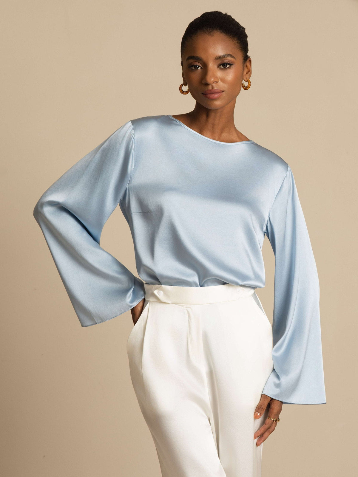 19Momme Seda Relajada Manga Larga Blusa