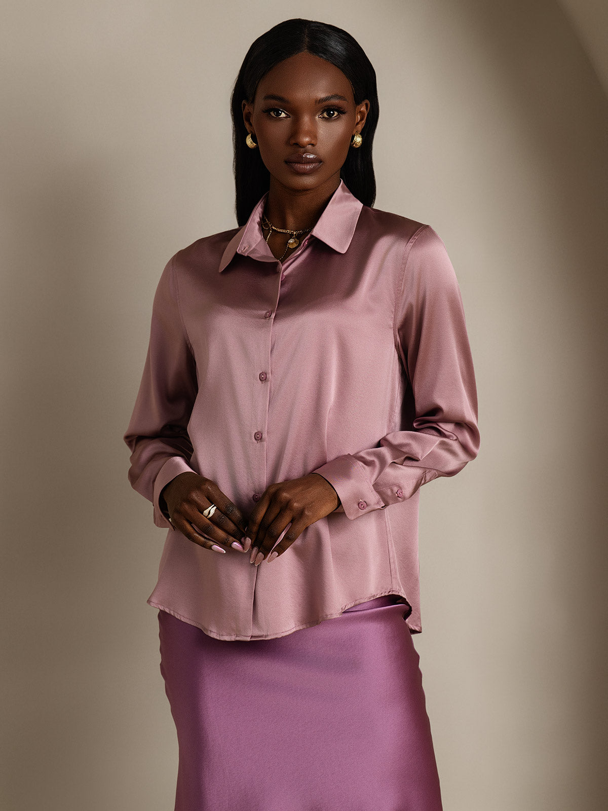 19Momme Seda Básica Cuello Militar Camisa