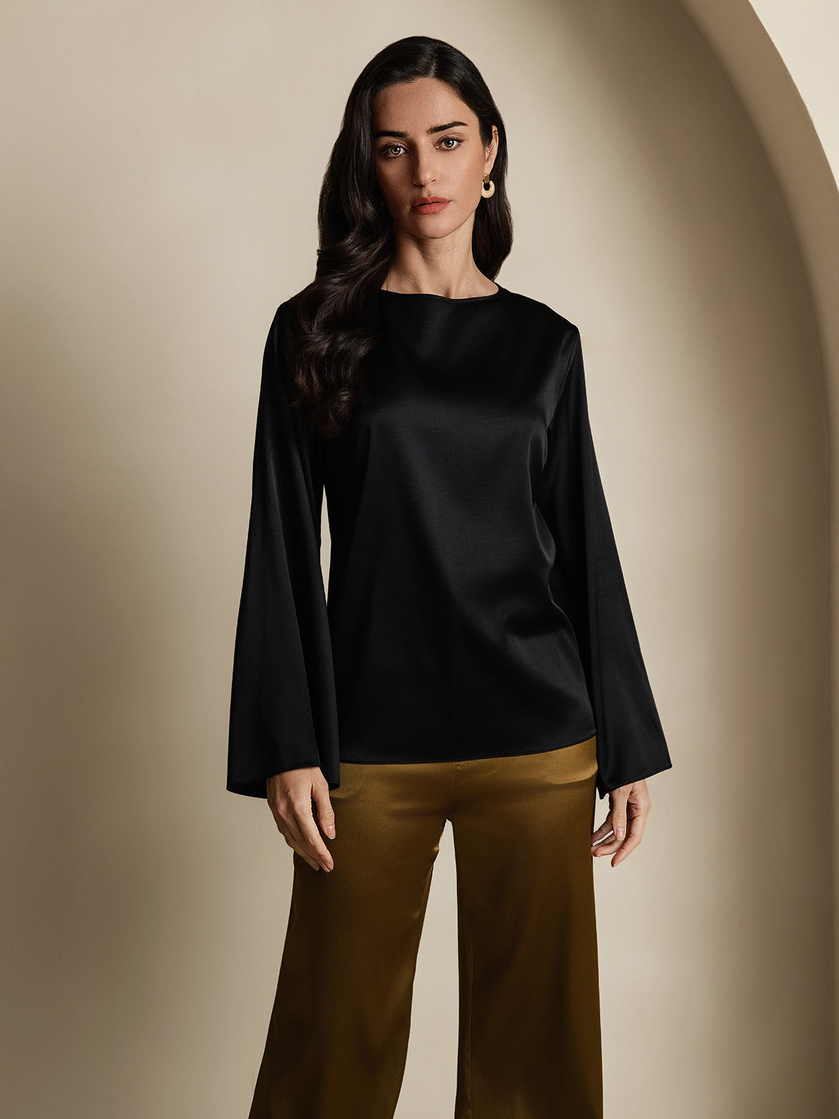 19Momme Seda Relajada Manga Larga Blusa
