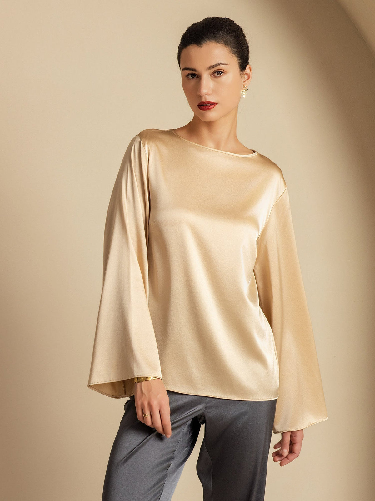 19Momme Seda Relajada Manga Larga Blusa
