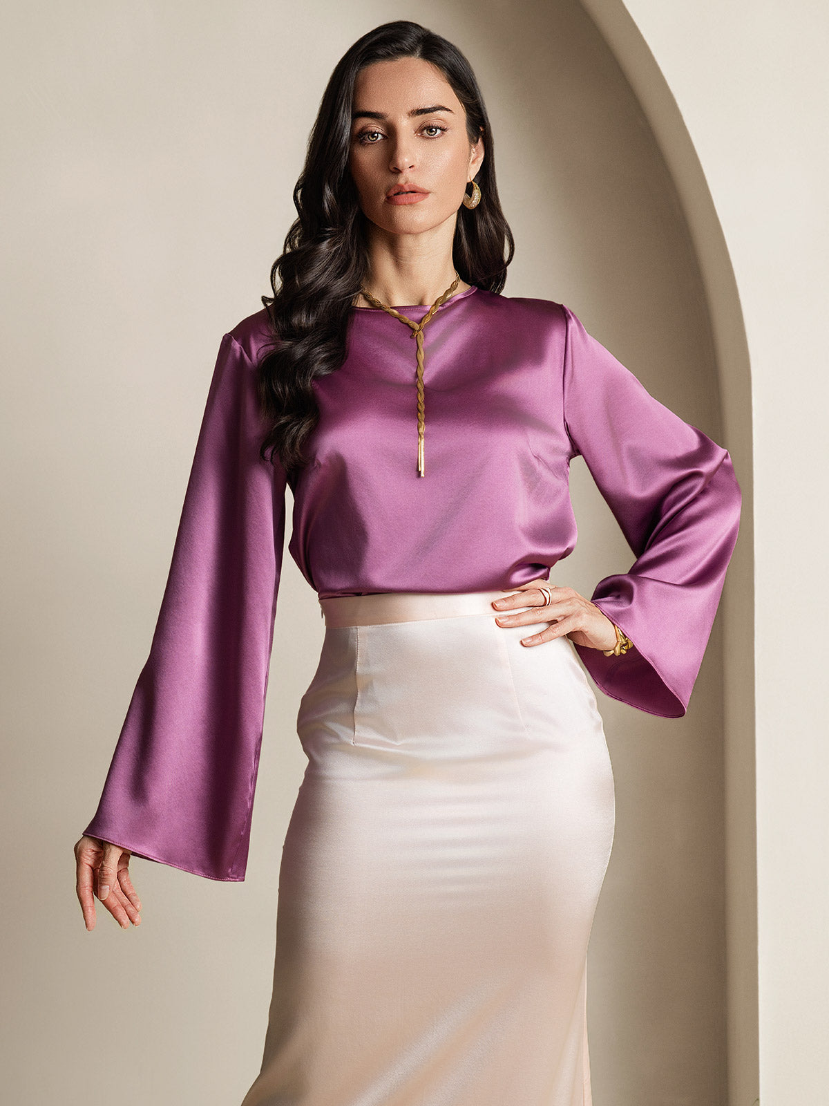 19Momme Seda Relajada Manga Larga Blusa