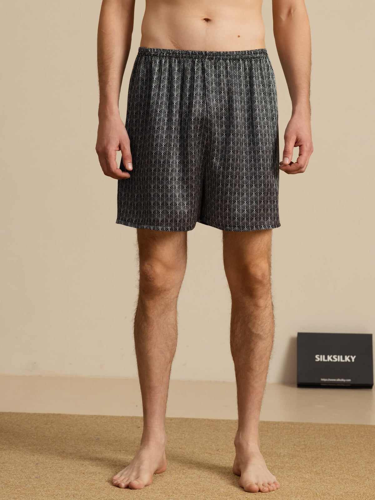 Pantalones Cortos De Dormir Para Hombre Pure Silk Ginkgo Azul Marino Estampado Cintura Elástica
