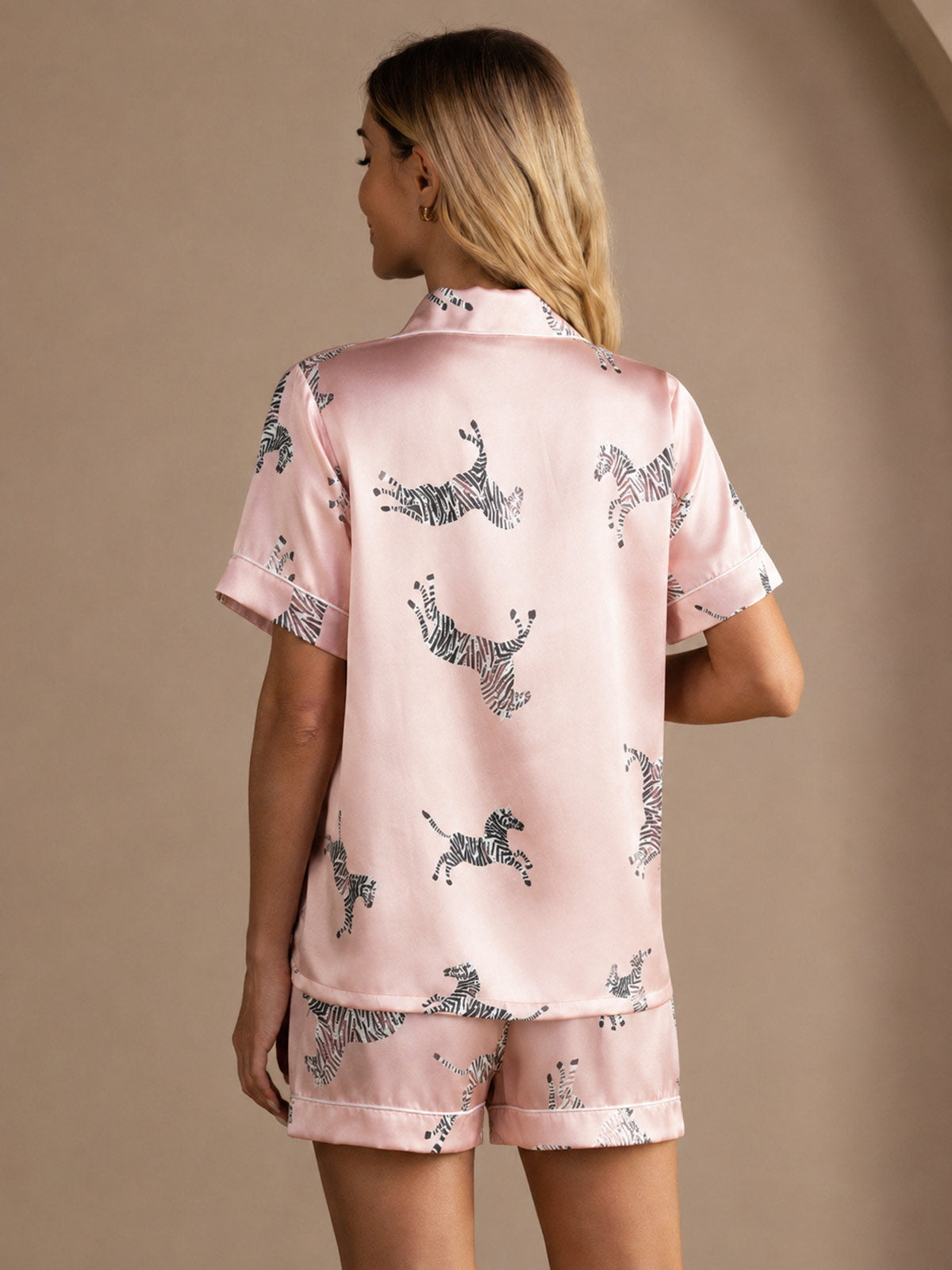 Conjunto De Pijama De Botones De Manga Corta Con Estampado De Cebra De Seda De Morera 100% Para Mujer