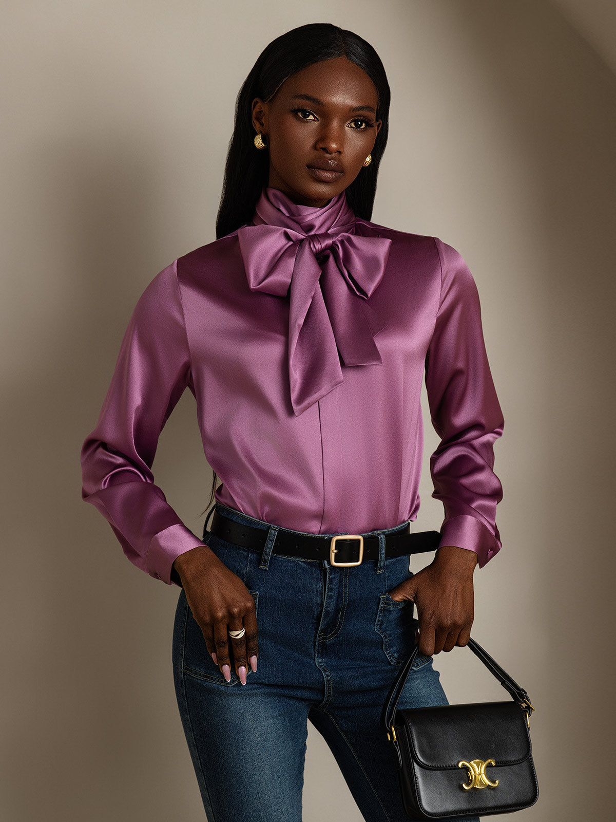 19 Momme Seda Cuello atado Camisa