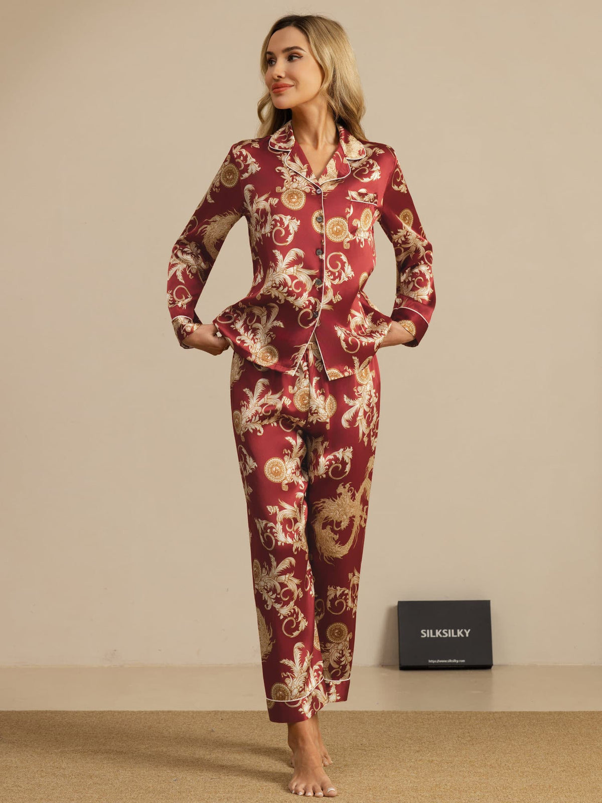 Pijama Mujer Seda Pura Manga Larga Cuello Notch Con Pantalón Estampado Dragón