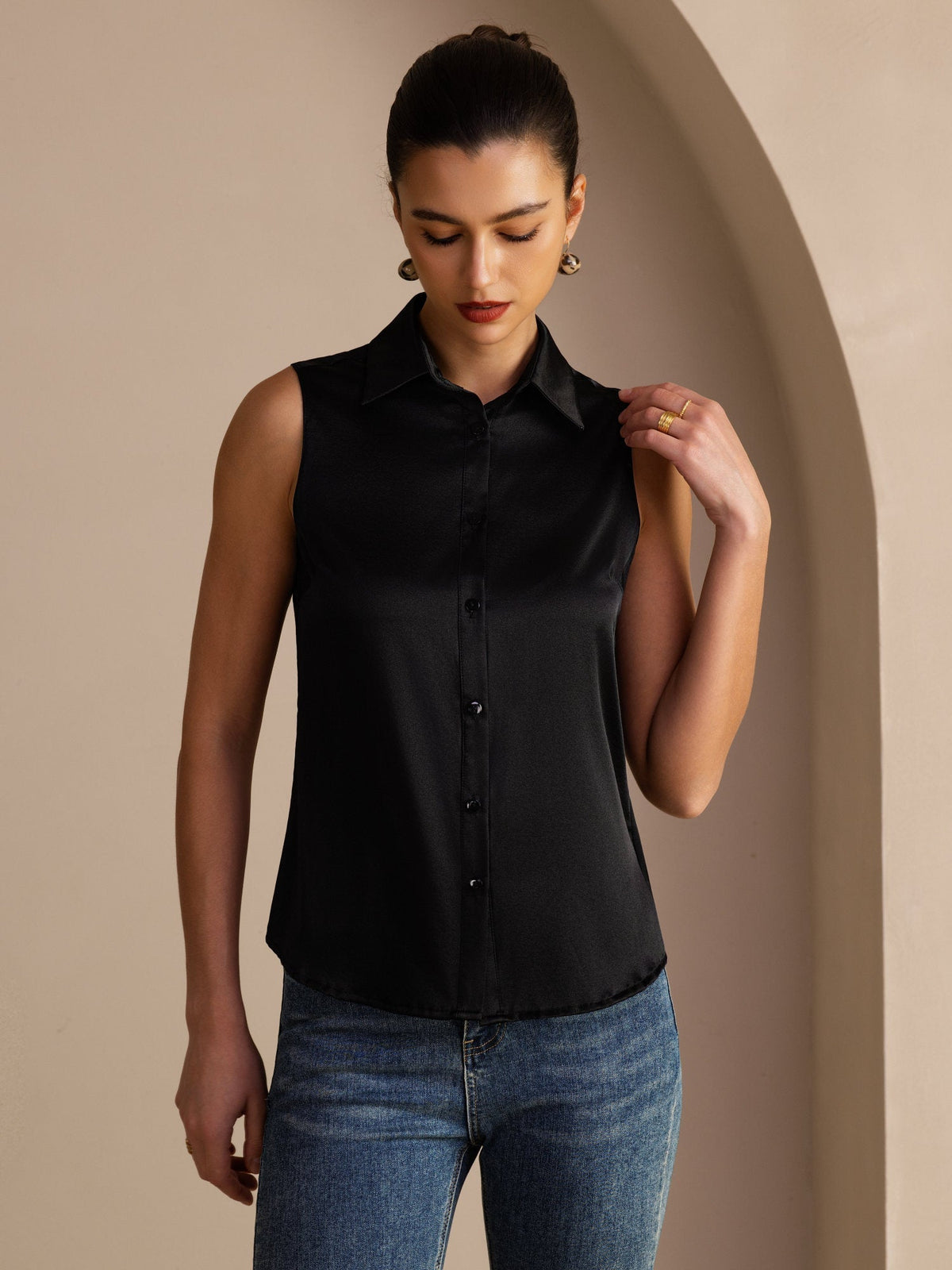 19 Momme Seda Sin Mangas Cuello Clásico Camisa