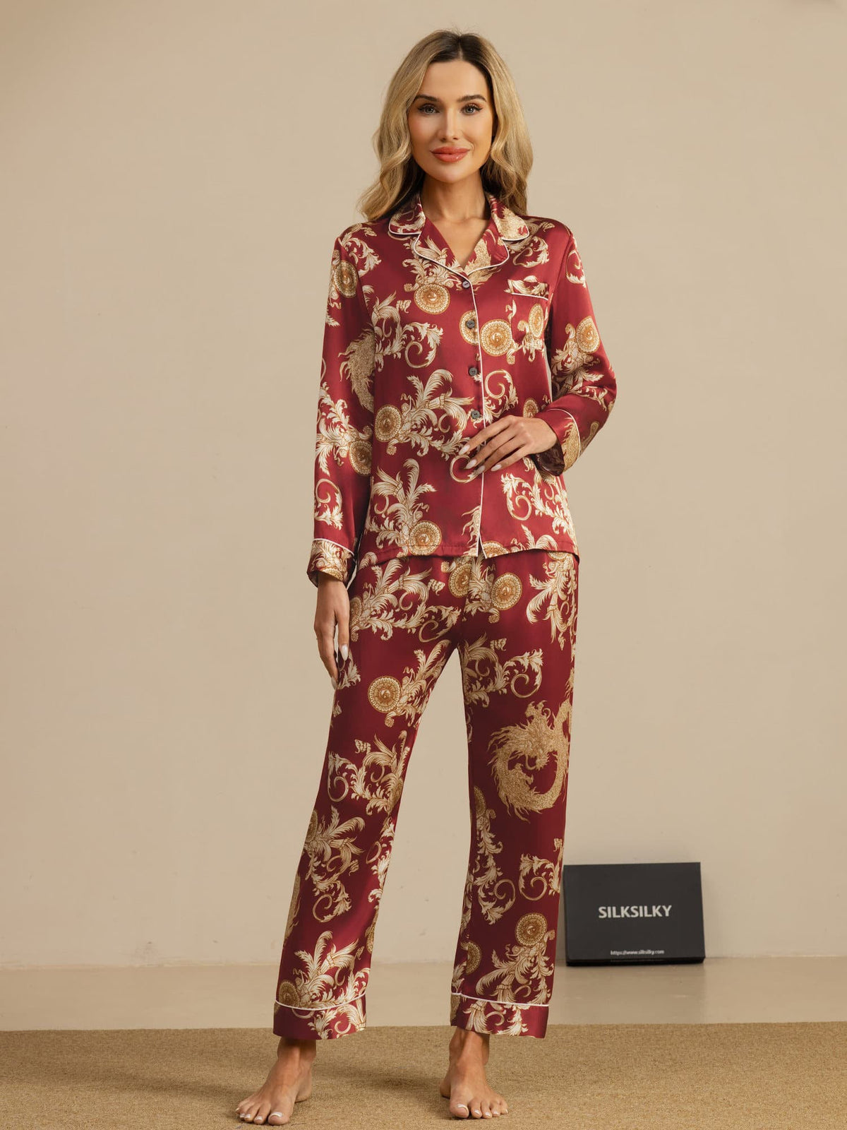Pijama Mujer Seda Pura Manga Larga Cuello Notch Con Pantalón Estampado Dragón