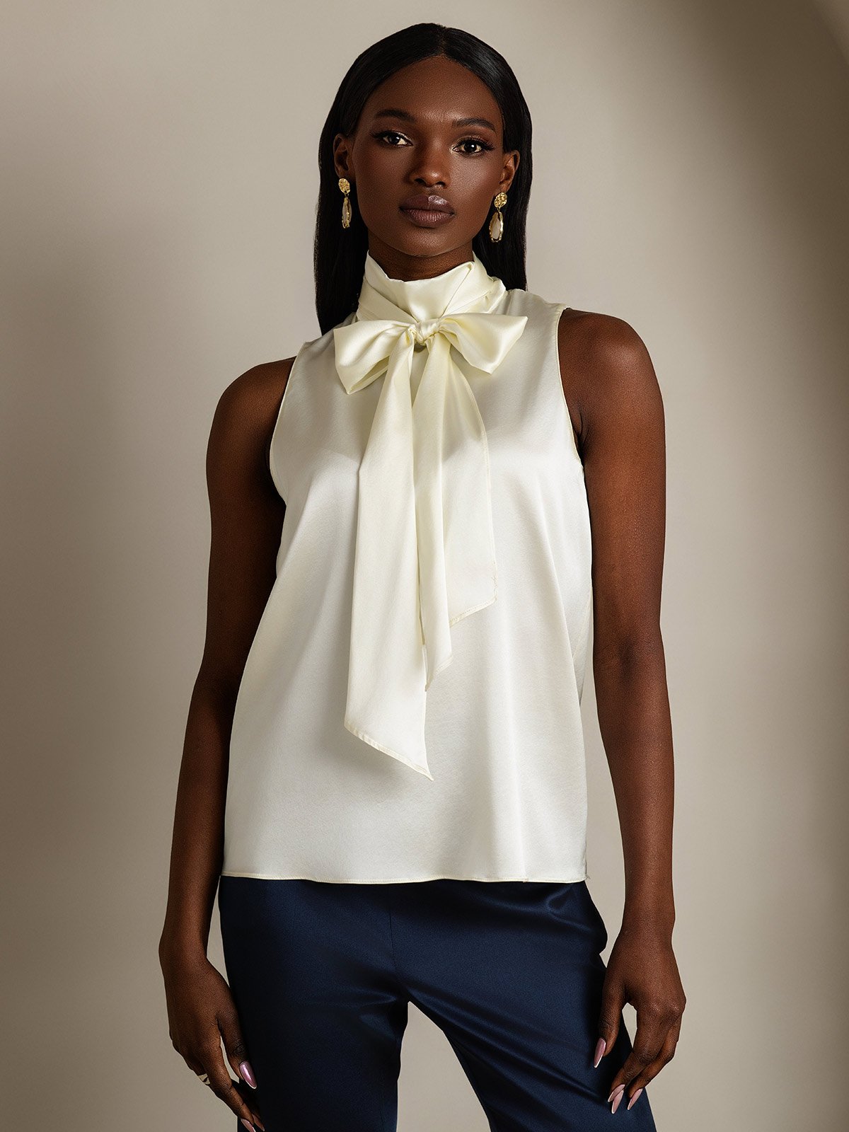 19Momme Seda Lazo Cuello Blusas