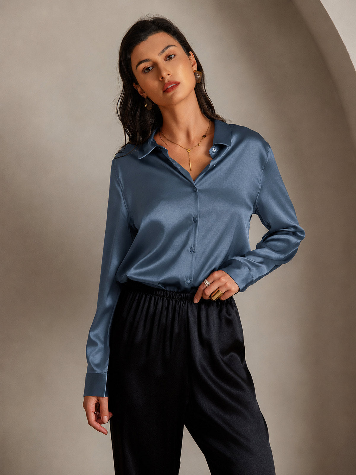 19Momme Seda Básica Cuello Militar Camisa