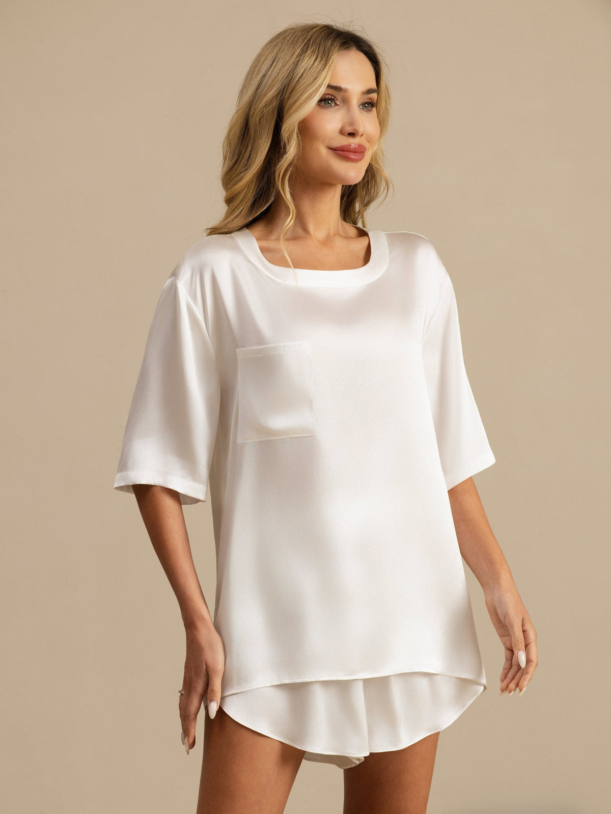 Camiseta informal de seda pura para dormir para mujer (pantalones cortos no incluidos)