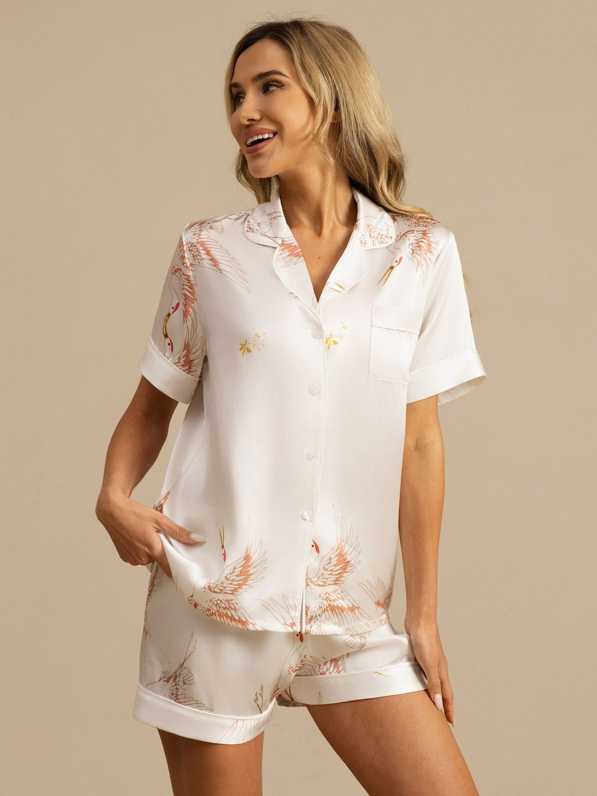 19Momme Conjunto De Pijama Para Mujer En Seda Pura Manga Corta Cuello Notch Estampado De Grulla