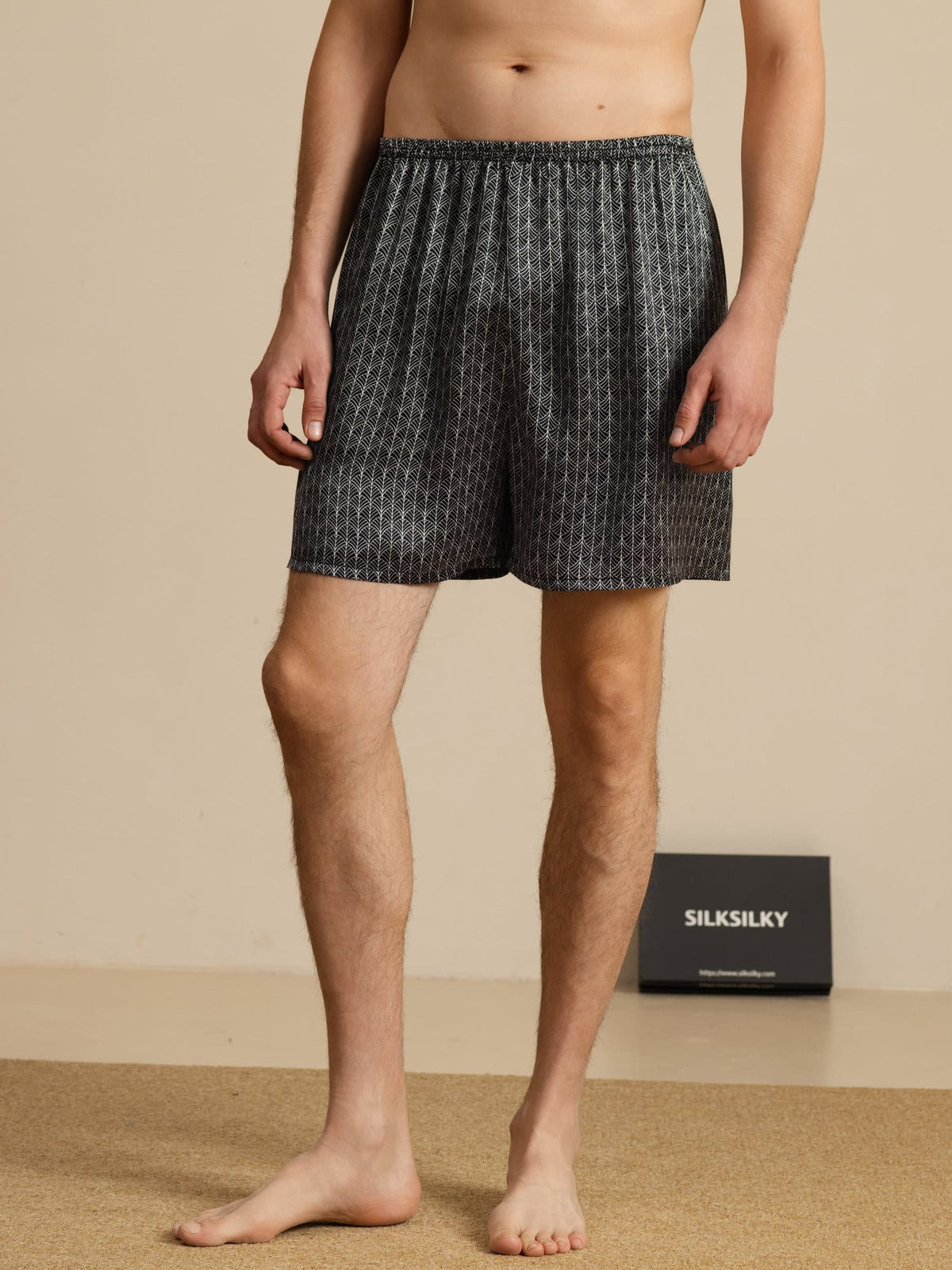 Pantalones Cortos De Dormir Para Hombre Pure Silk Ginkgo Azul Marino Estampado Cintura Elástica