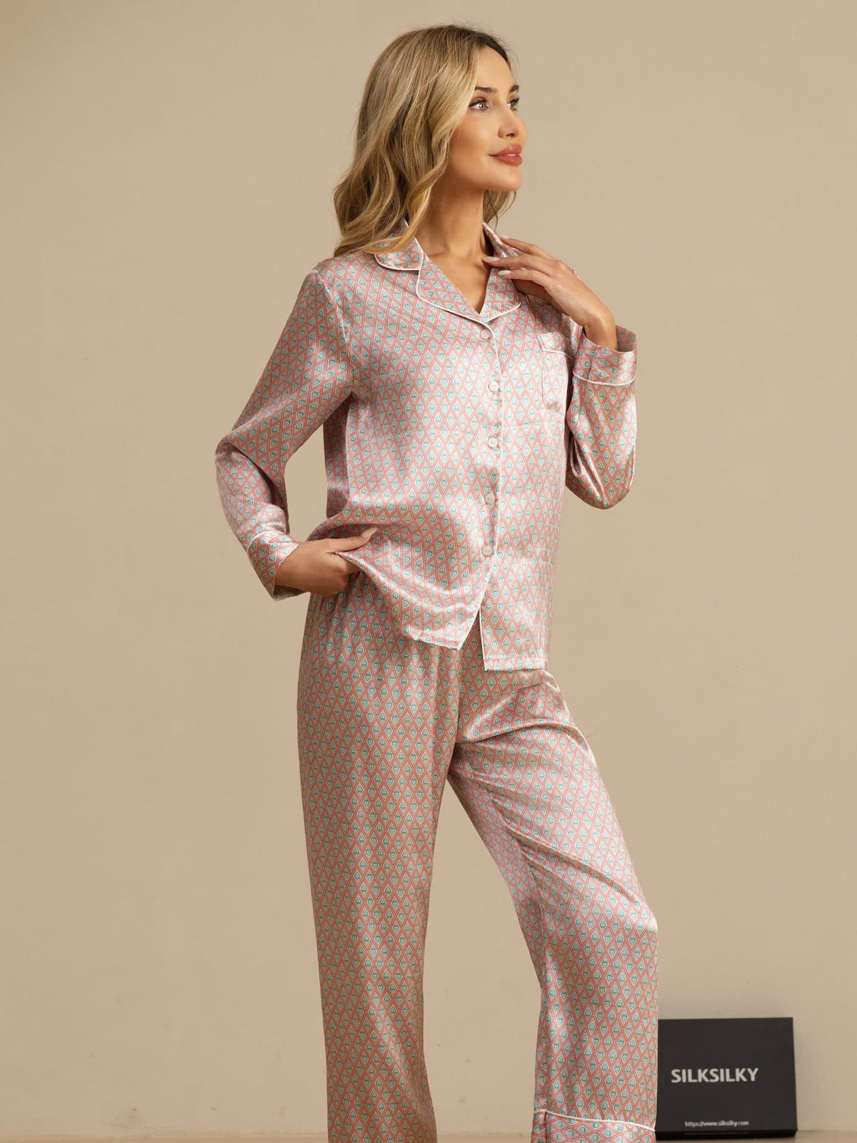 Conjunto De Pijama Para Mujer De Seda Pura Manga Larga Con Pantalón E Imprimé Geométrico