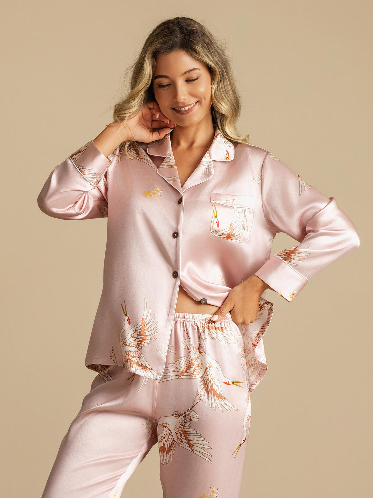 Pijama De Mujer De Seda Pura 19Momme Con Estampado De Grulla Y Manga Larga