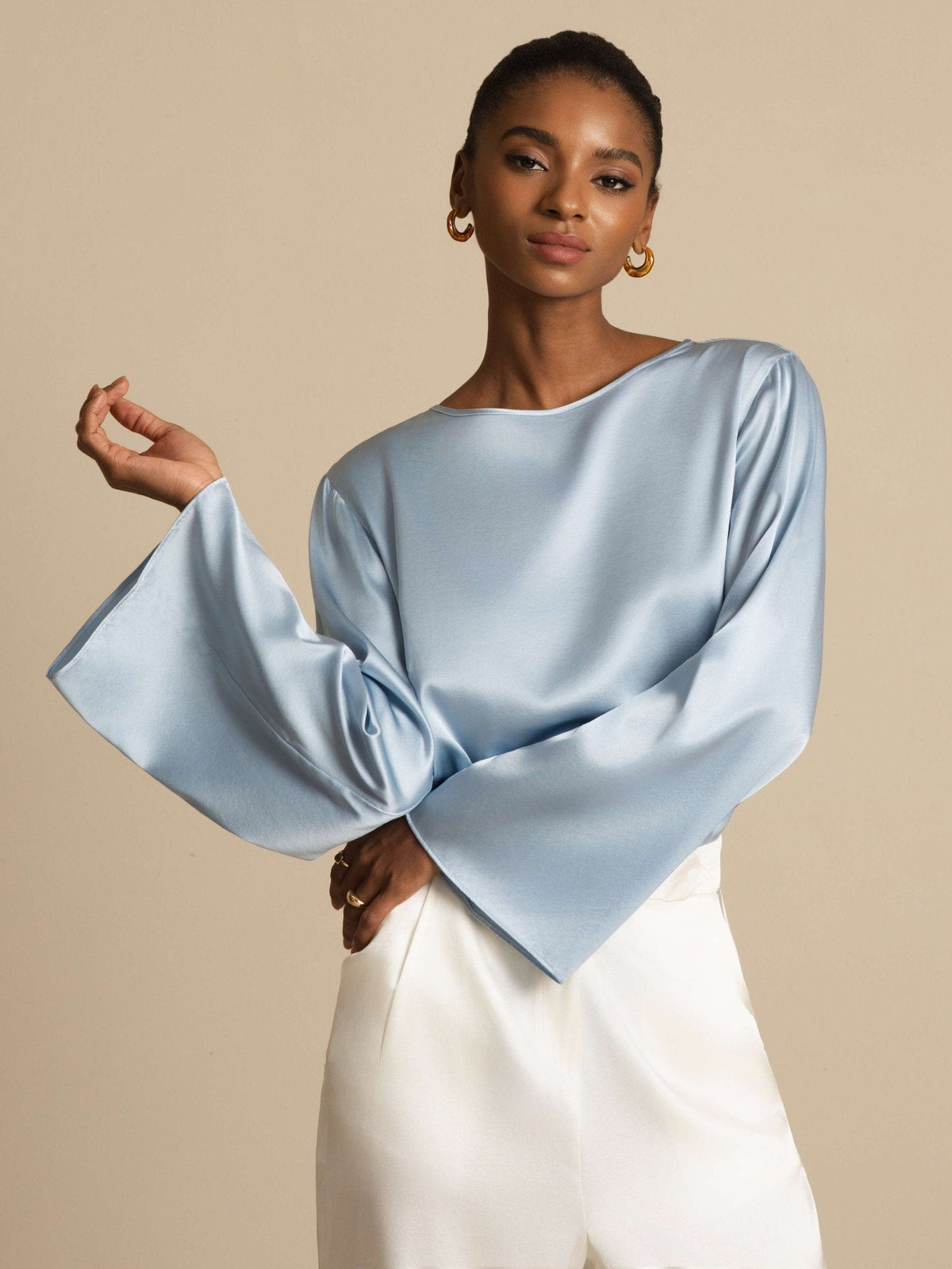 19Momme Seda Relajada Manga Larga Blusa